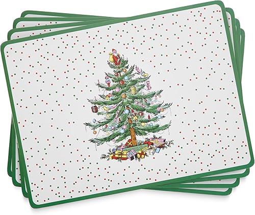 Pimpernel Spode - Juego de 4 manteles individuales de árbol de Navidad con diseño de lunares, resistentes al calor, tablero con respaldo de corcho,