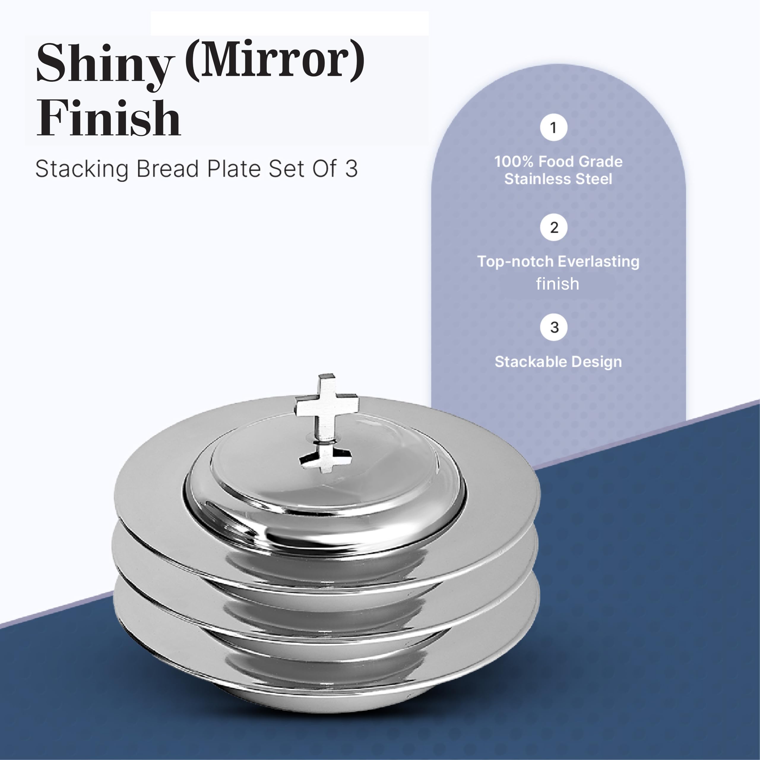 Communion Ware 3 Holy Stacking Bread Plates With A Lid - Stainless Steel (Mirror/Silver)