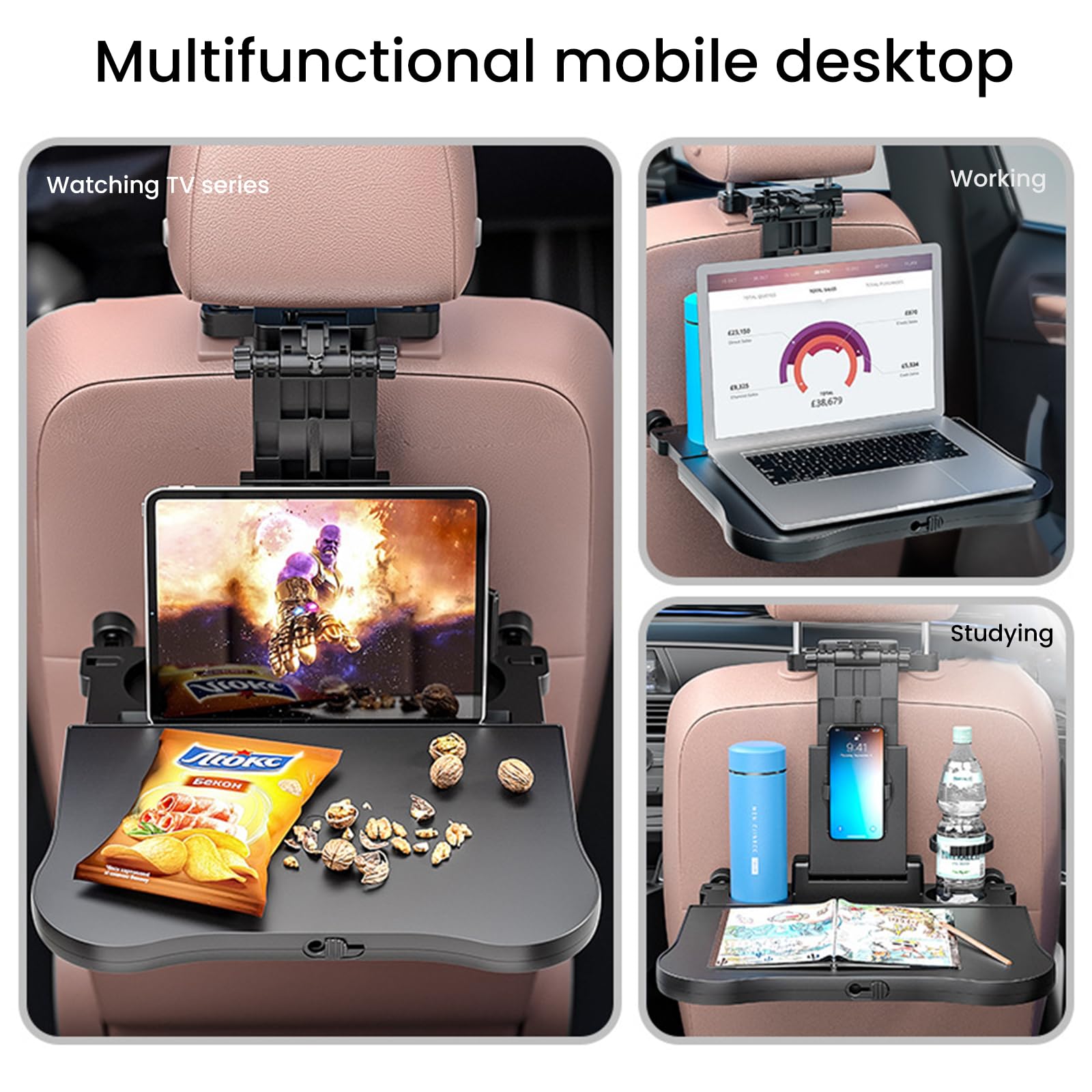 Reisetisch Auto, Auto Tisch Organizer für Rücksitz Kinder, Schreibtisch mit Getränkehalter und Handyhalter, Multifunktional Esstisch für Erwachsene Klappbar Einstellbar Belastbarkeit 15-20 kg