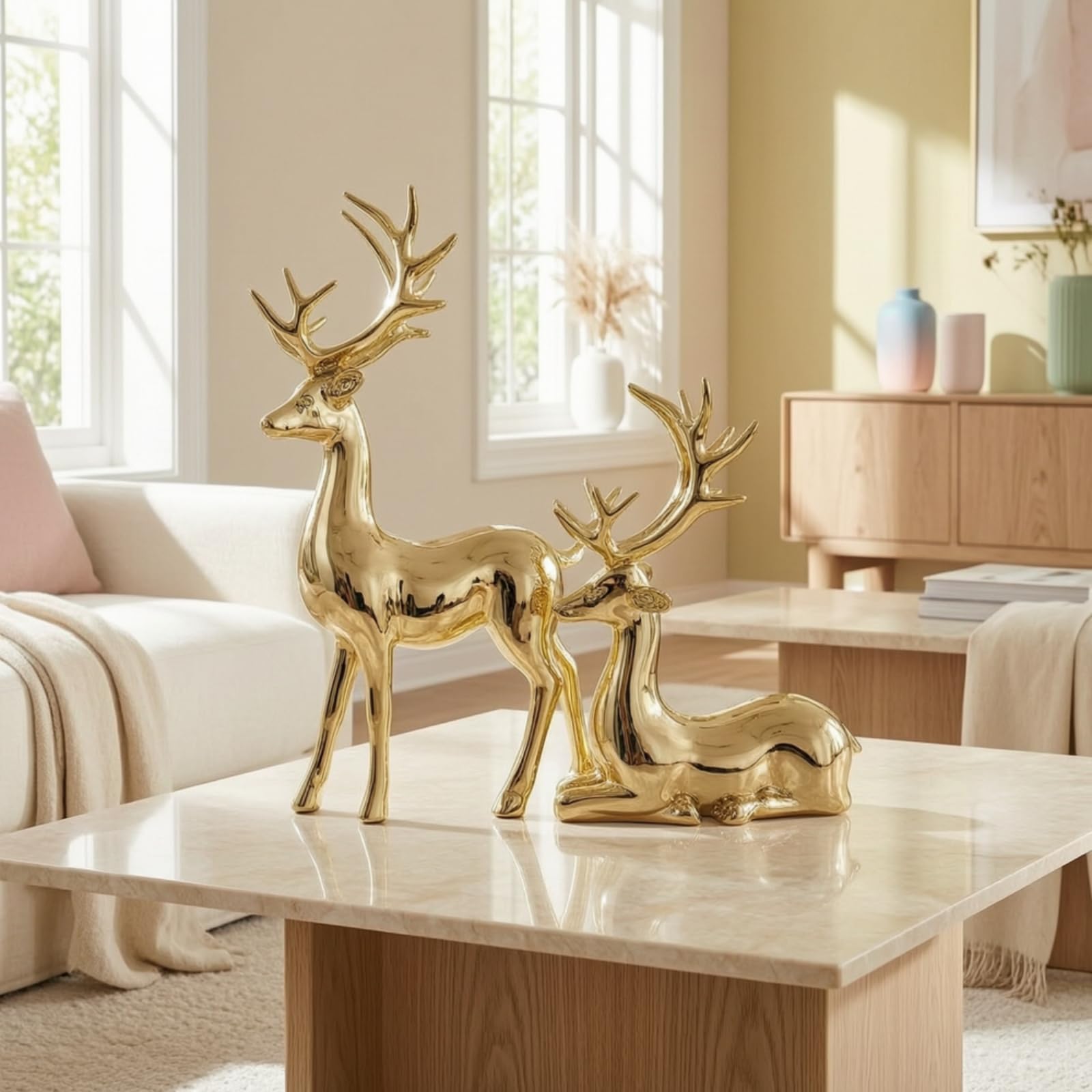 Figura de Ciervo Estatua Escultura Adorno Ornamento con Diseño Elegante y Brillo Espejo en Resina Combina con Interiores Modernos Adecuada para Mueble, Azul