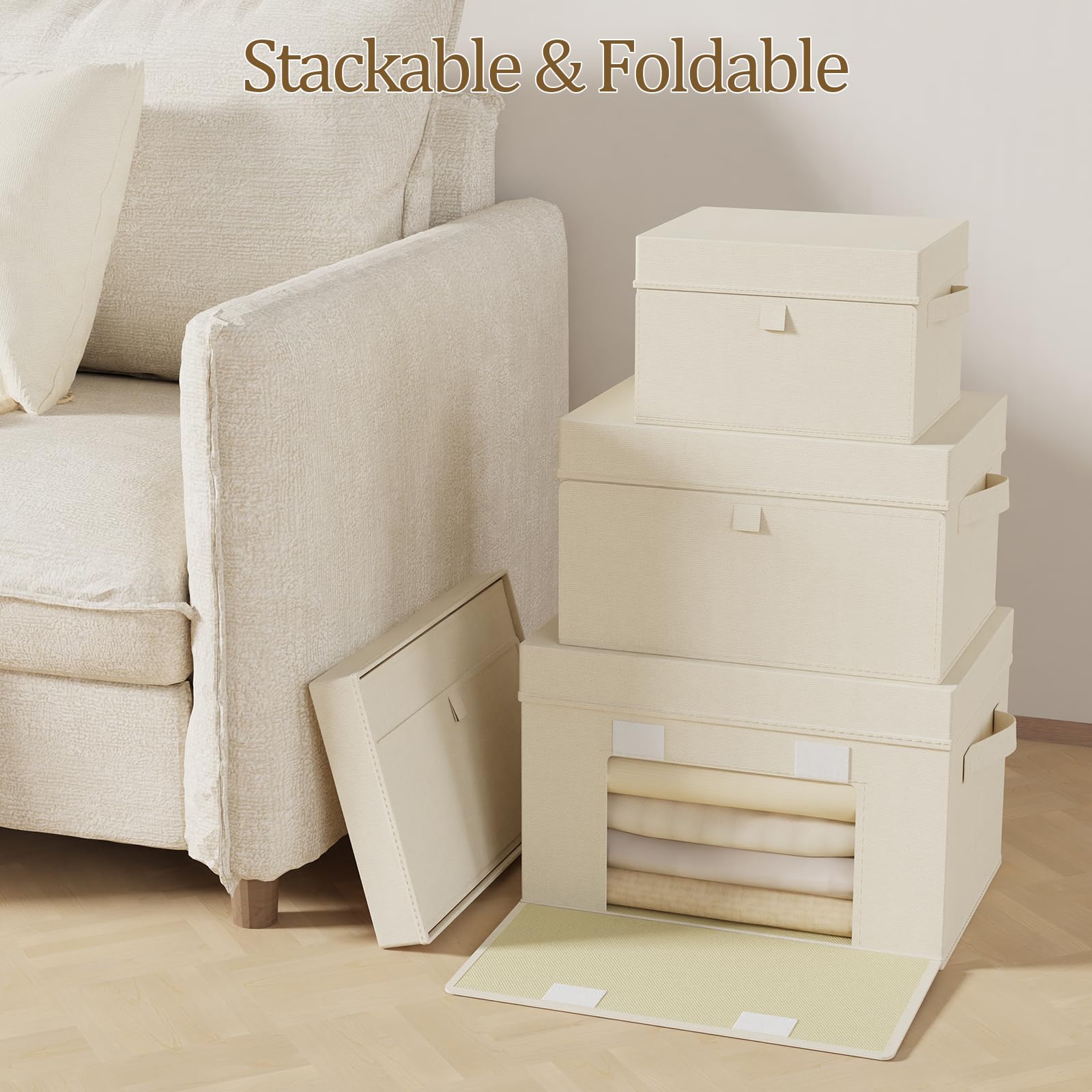 Scatole di Stoccaggio Pieghevoli con Coperchi, Organizzatore Armadio con Manici, Cubo Portaoggetti in Tessuto, per Casa, Ufficio, Scuola, 3 Pezzi, 38x25x25cm, Beige