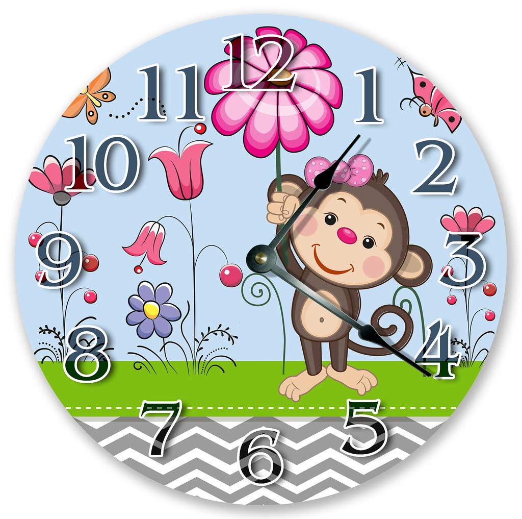 10.5" Cute Monkey Holding A Flower Cartoon Kids Clock - Large 10.5" Wall Clock - Home Décor Clock
