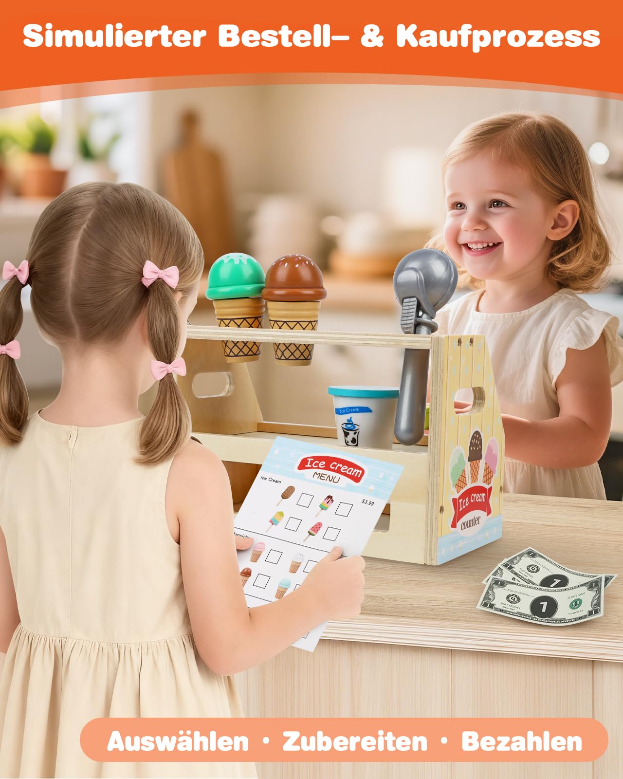 KidMigo Eisdiele Kinder Holz – 36-teiliges Eisladen Spielzeug mit Eisstand, Holz Eisdiele ab 3 Jahre, EIS Spielzeug für Kinder, Kaufladen Zubehör Kinderküche
