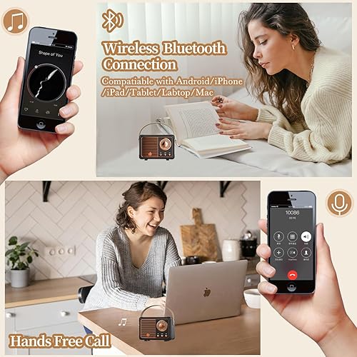 Miniatura 5 de Altavoz Bluetooth retro, mini altavoces portátiles inalámbricos compatibles con tarjeta USBTFAUX, altavoz Bluetooth de radio vintage para cocina,