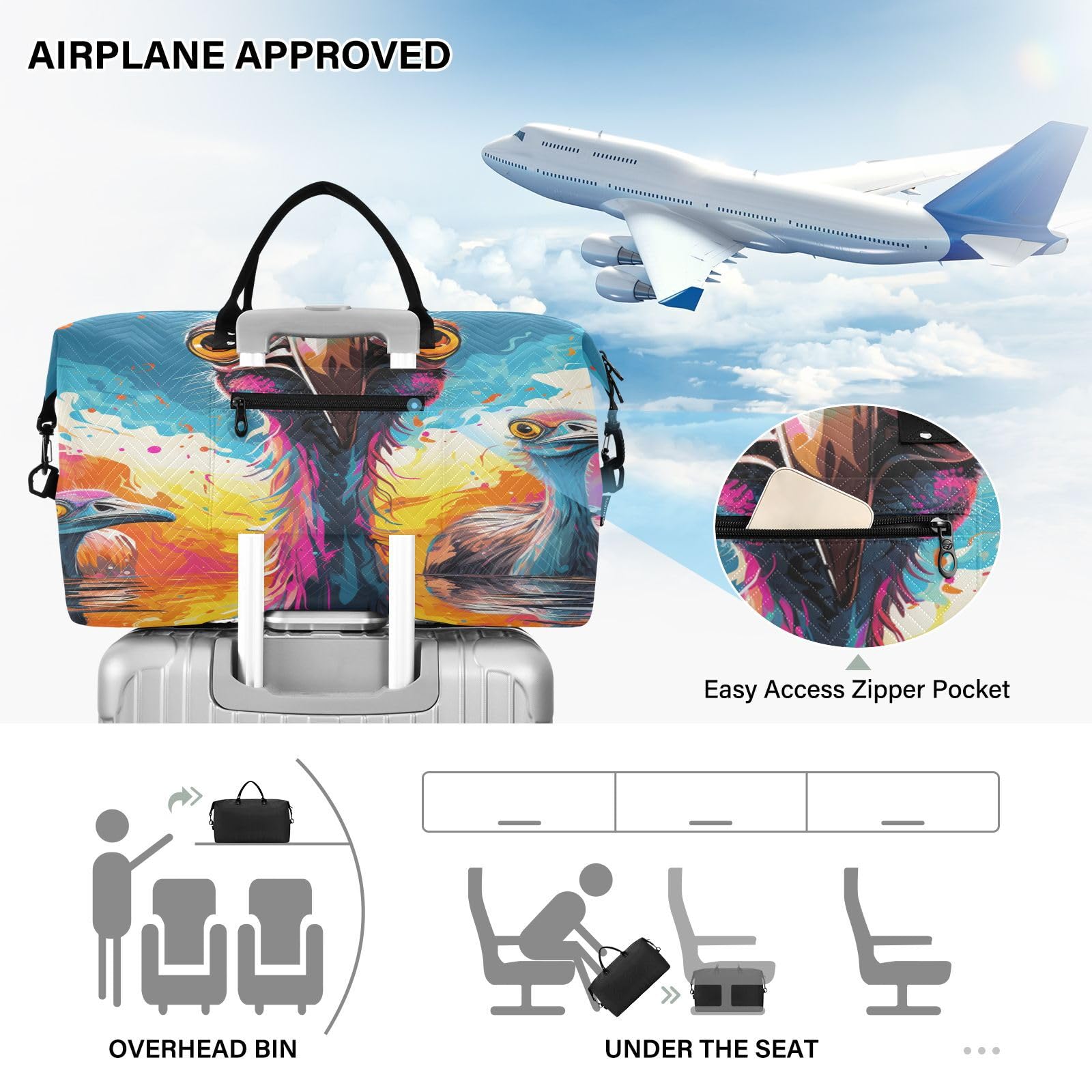 Aquarell Strauße Cartoon-Kunst Sporttasche Handtasche mit Make-up Aufbewahrungstasche Badetasche für Reisen Mädchen Männer