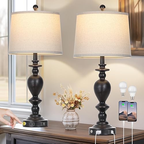 Miniatura 10 de 29" Tall Vintage Table Lamps Set of 2,Farmhouse Bedside Lamps with USB C+A Ports & AC Outlet,3-Way Dimmable Touch Lamp for Night Stands Living Room