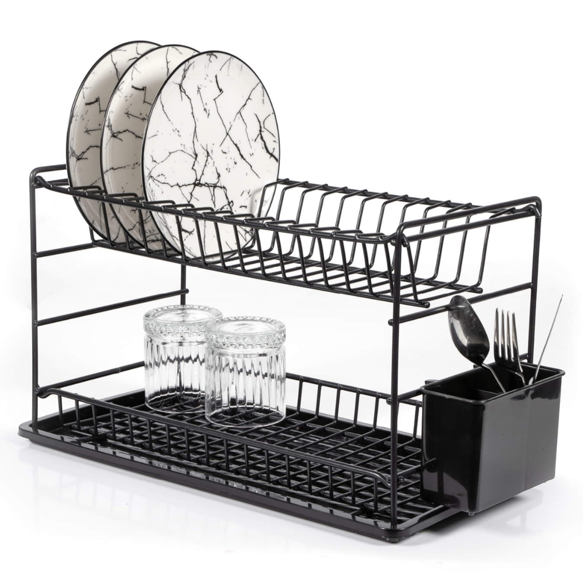 TheOwnas 2 Tier Dish Drainer Rack. Metal Dish Rack with Drip Tray and Cutlery Utensil Holder. Space-Saving Kitchen Drying Rack. Rustproof Large Draning Rack.