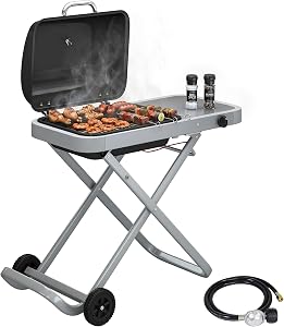 Outsunny Portable Propane Gas BBQ Grill with Foldable Cart and Wheels, 9500 BTU Gas Barbecue Grill with Piezo Ignition Burner, Thermometer, Side Shelf for Outdoor Cooking, Black