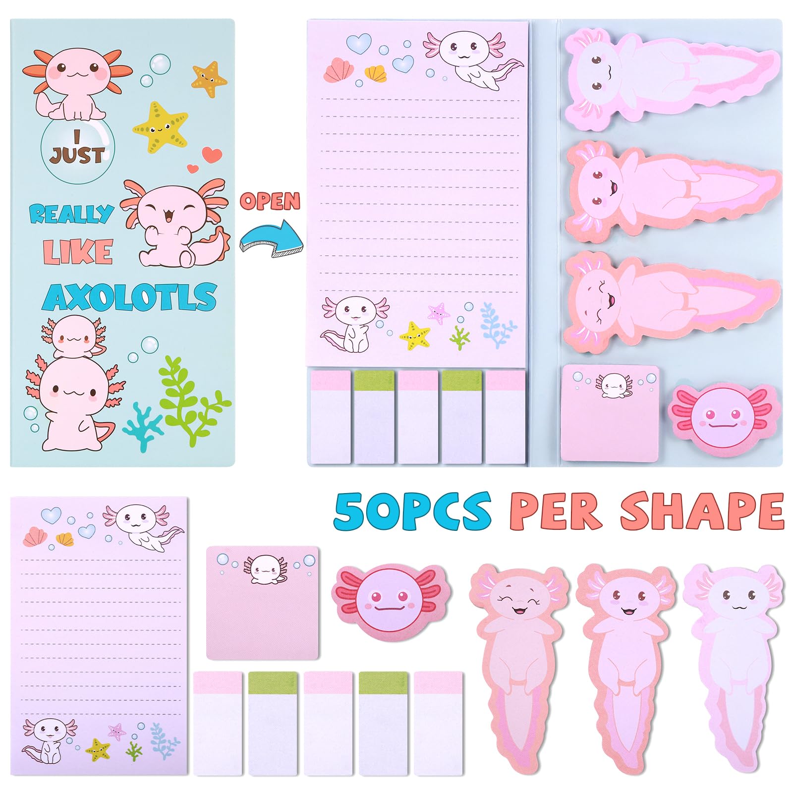 JIANTA Axolotl Sticky Notes, Cute Cartoon Pastel Memo Set, Mexican Walking Fish Sticky Notes - Image 4