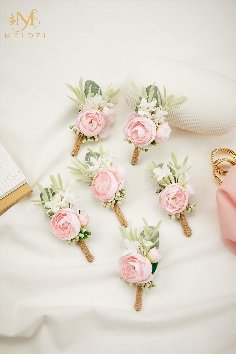 Pink Boutonnieres for Men 6Pcs Faux Silk Wedding Prom Groom image 2