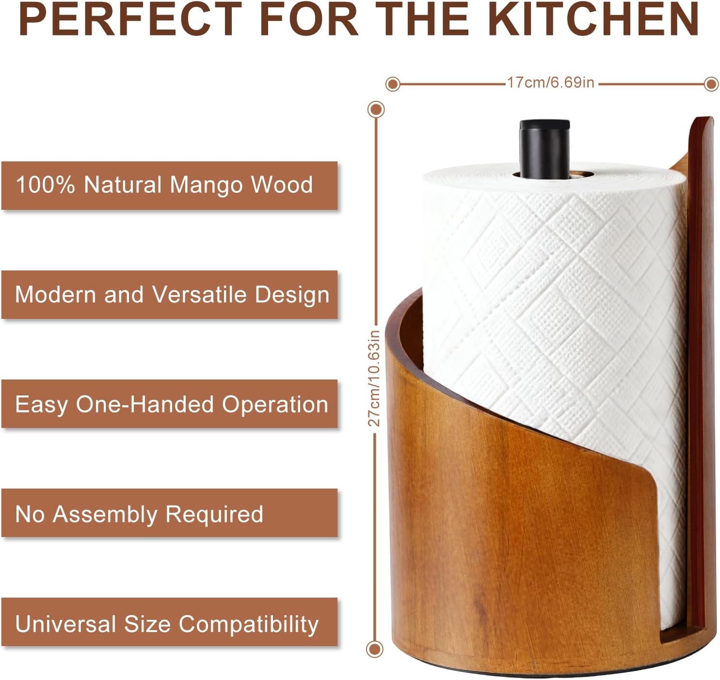 Paper Towel Holder - 100% Natural Wood, Wooden Wood Stand with Iron Base, Wooden Paper Towel Holder for Kitchen, Desktop, Cabinet (Brown)