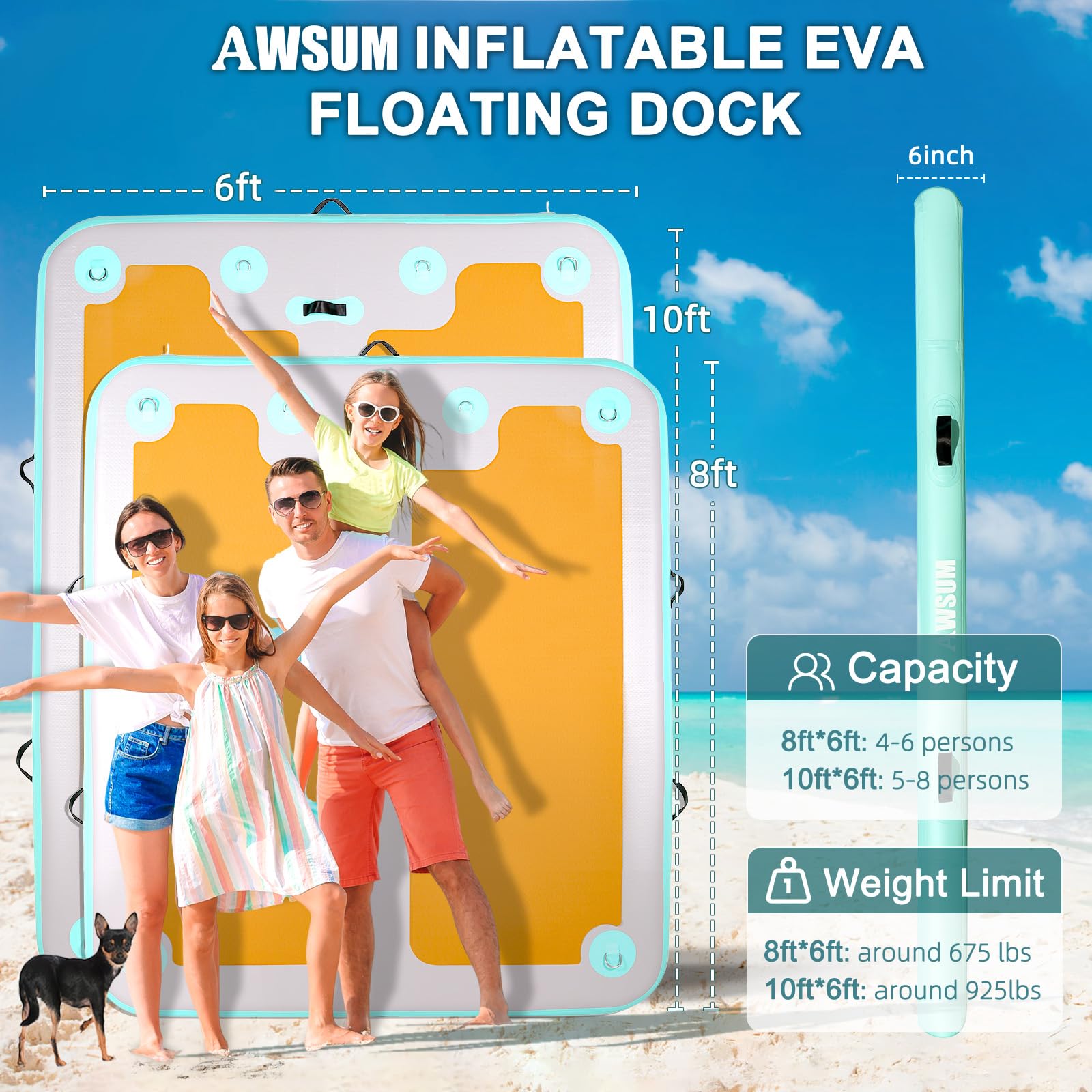 AWSUM Bacino galleggiante gonfiabile, 2,4 m/3 m, superficie antiscivolo in EVA, piattaforma gonfiabile per piscina, spiaggia, oceano