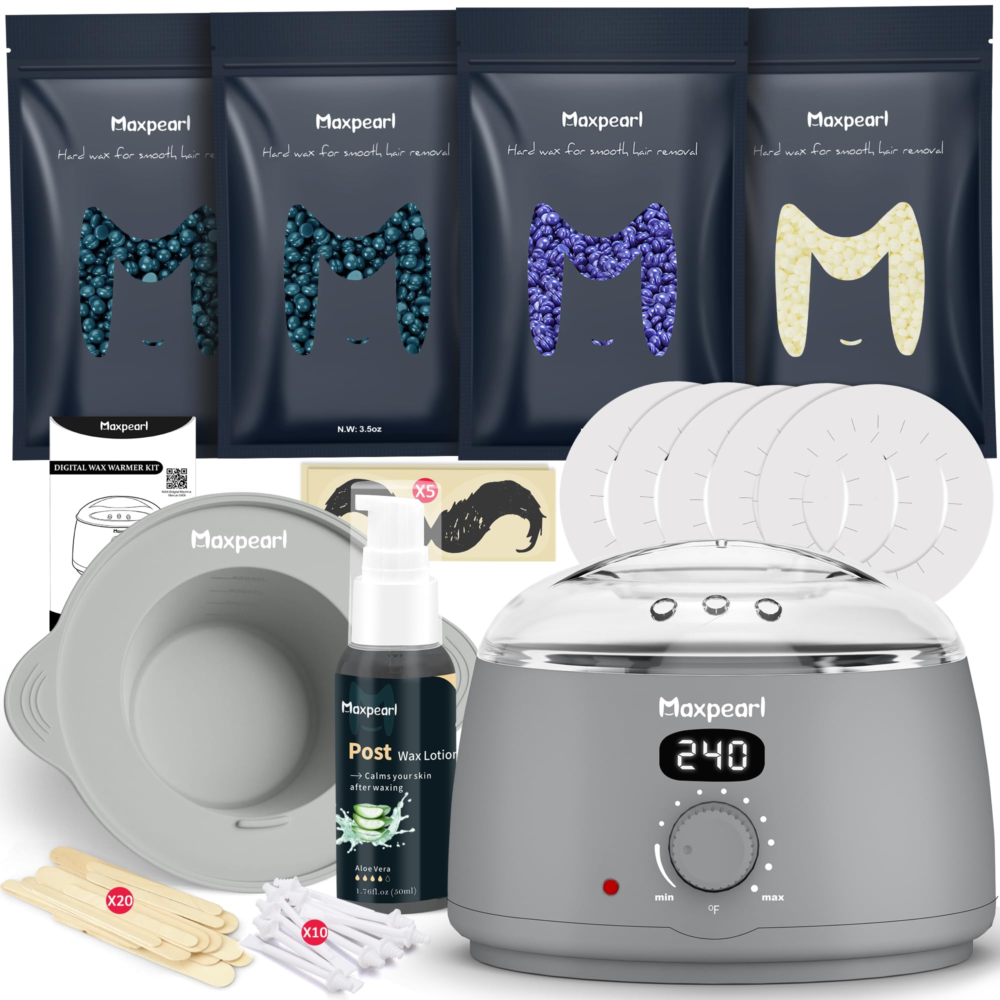 Maxpearl Hair Removal Waxing kit for Men, Nose & Ear Wax Kit with Silicone Pot - Hair Removal for Unwanted Coarse Male Body Hair - Mustache, Eyebrows, Underarms, Back, Chest, Legs and More