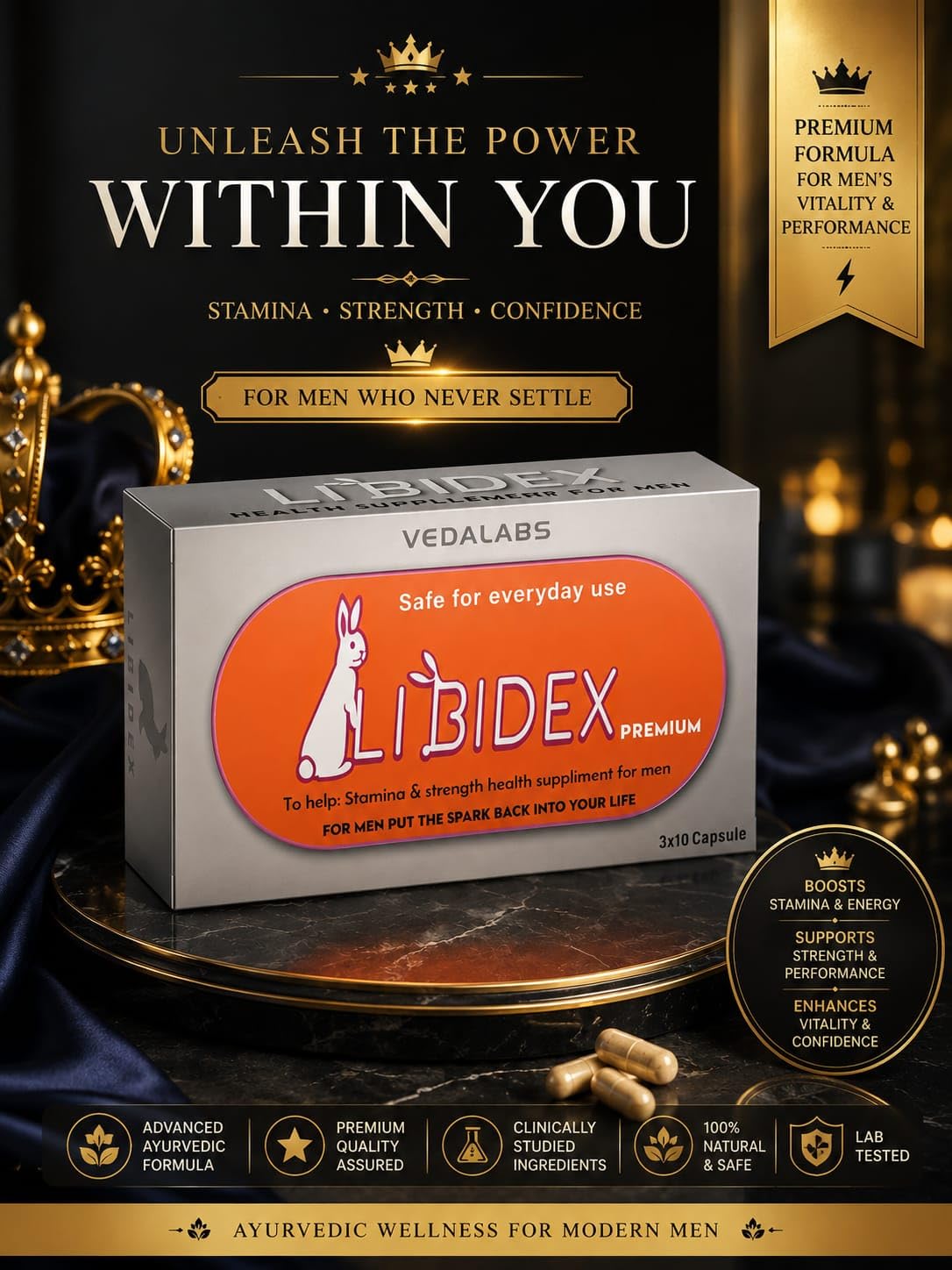 VEDALABS Libid-X Premium Health Supplement for Men | Daily Wellness & Vitality Support Capsules | 30 Count | 3x10 Blister Pack — Amazon image 2