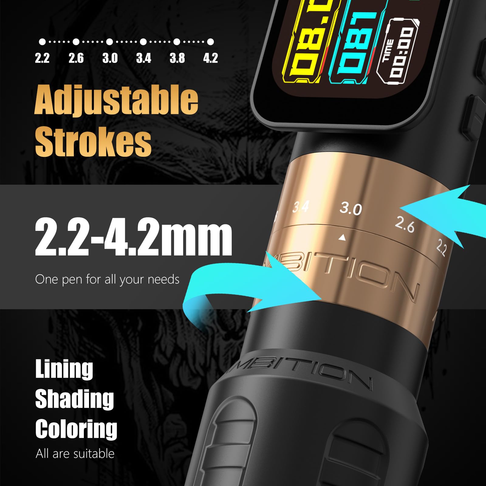 Ambition Seher Pro Tattoo Gun Wireless Tattoo Pen Machne with Dual 2400mAh Billing Function Battery, Adjustable Stroke Rotary Coreless Motor 42mm Grip Tattoo Supply for Professional Artists