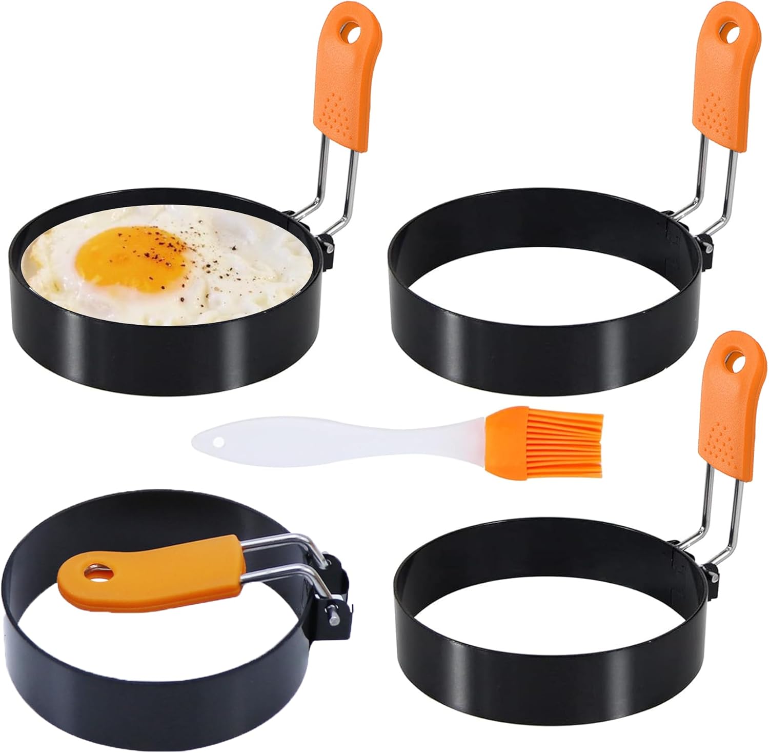 3.5" Egg Rings 6“ Pancake Mold with Silicone Handle, Round Mold for English Muffins - Griddle Cooking Shaper for Indoor Camping Breakfast Sandwiches w/Silicone Oil Brush set of 6 (4pcs 3.5"+2pcs 6")