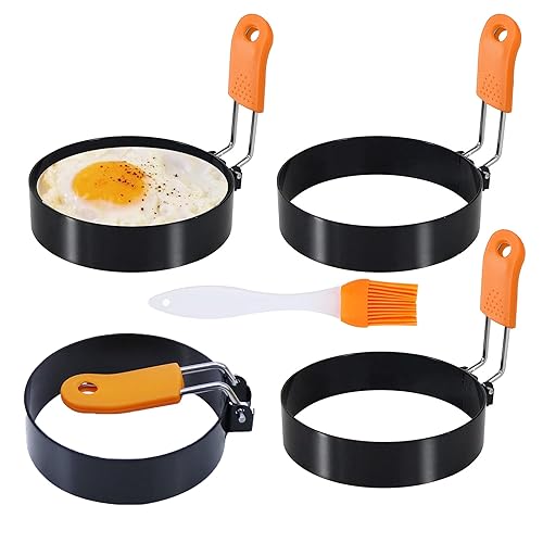 3.5" Egg Rings Set of 4 with Silicone Handle, Large Ring for Frying Eggs, Round Mold for English Muffins - Griddle Cooking Shaper for Indoor Camping Breakfast Sandwiches w/Silicone Oil Brush - 4pcs 3.5"