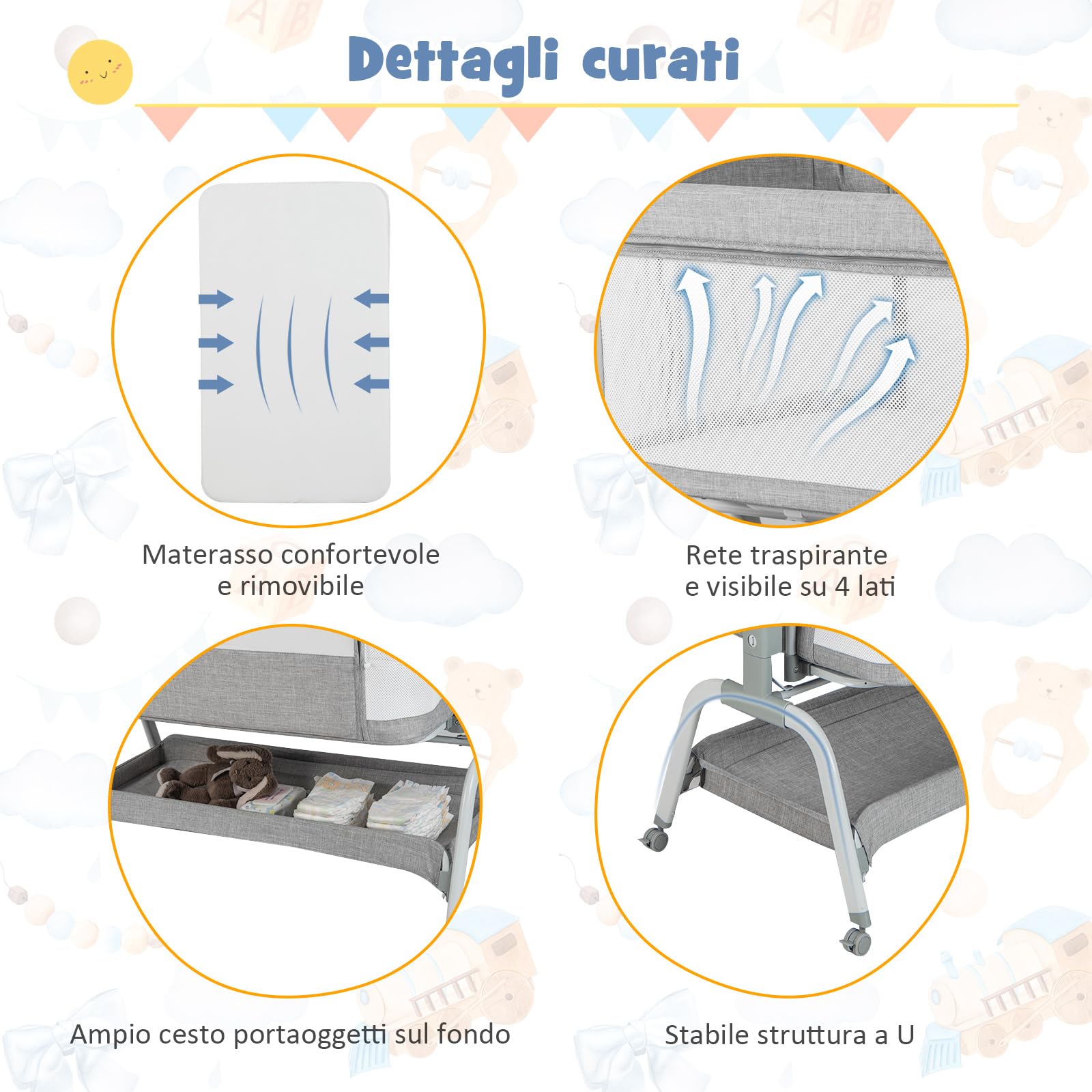 COSTWAY Culla Neonato Fianco 4 IN 1, Culla Co-sleeping con Spondina Apribile, Altezza Regolabile, Materasso Ruote Borsa da Viaggio Zanzariera Inclusi, 0-6 Mesi Fino a 9 kg (Grigio)