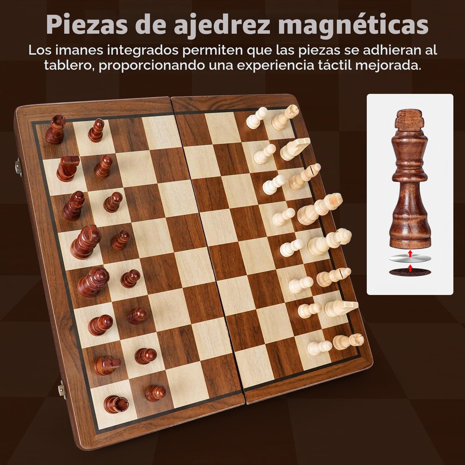 Ajedrez Magnetico Plegable, 2 en 1 Ajedrez Madera 39×39 cm Tablero de Magnetic Chess Game, Chess Set Damas Juego de Mesa con Bolsa de Almacenamiento, Juego para Viaje y Fiesta