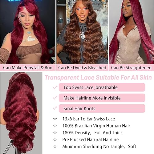 Miniatura 5 de Pelucas de cabello humano con encaje frontal color borgoña 99j de 26 pulgadas, pelucas de encaje frontal ondulado de 13 x 6 pulgadas, predepiladas