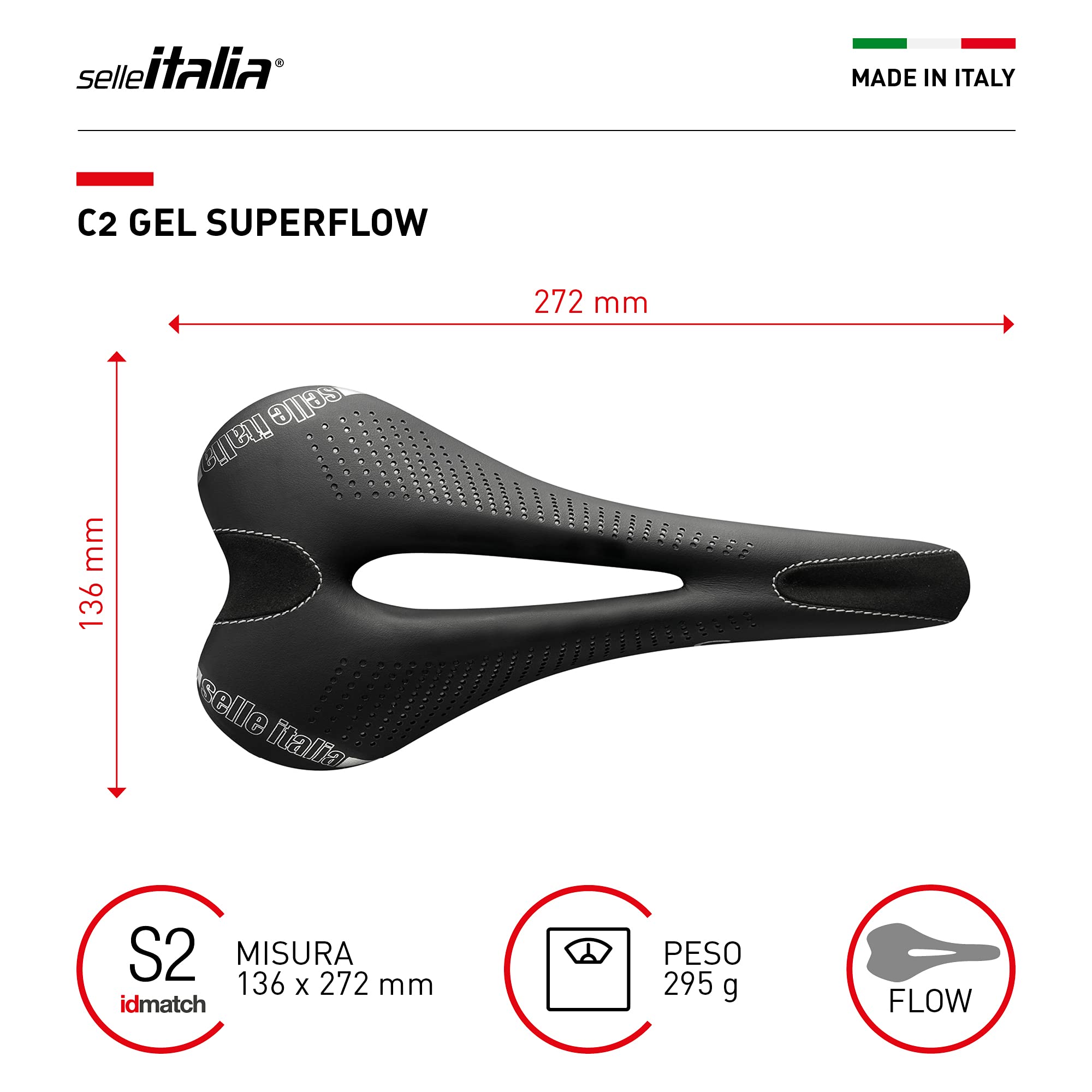 Selle Italia - Sattel für Rennrad C2 Gel Flow, Rail Manganese Rohr Ø7, Sattel Road Gran Turismo Faser-Tek, Comfort Gel, Stoßdämpfer