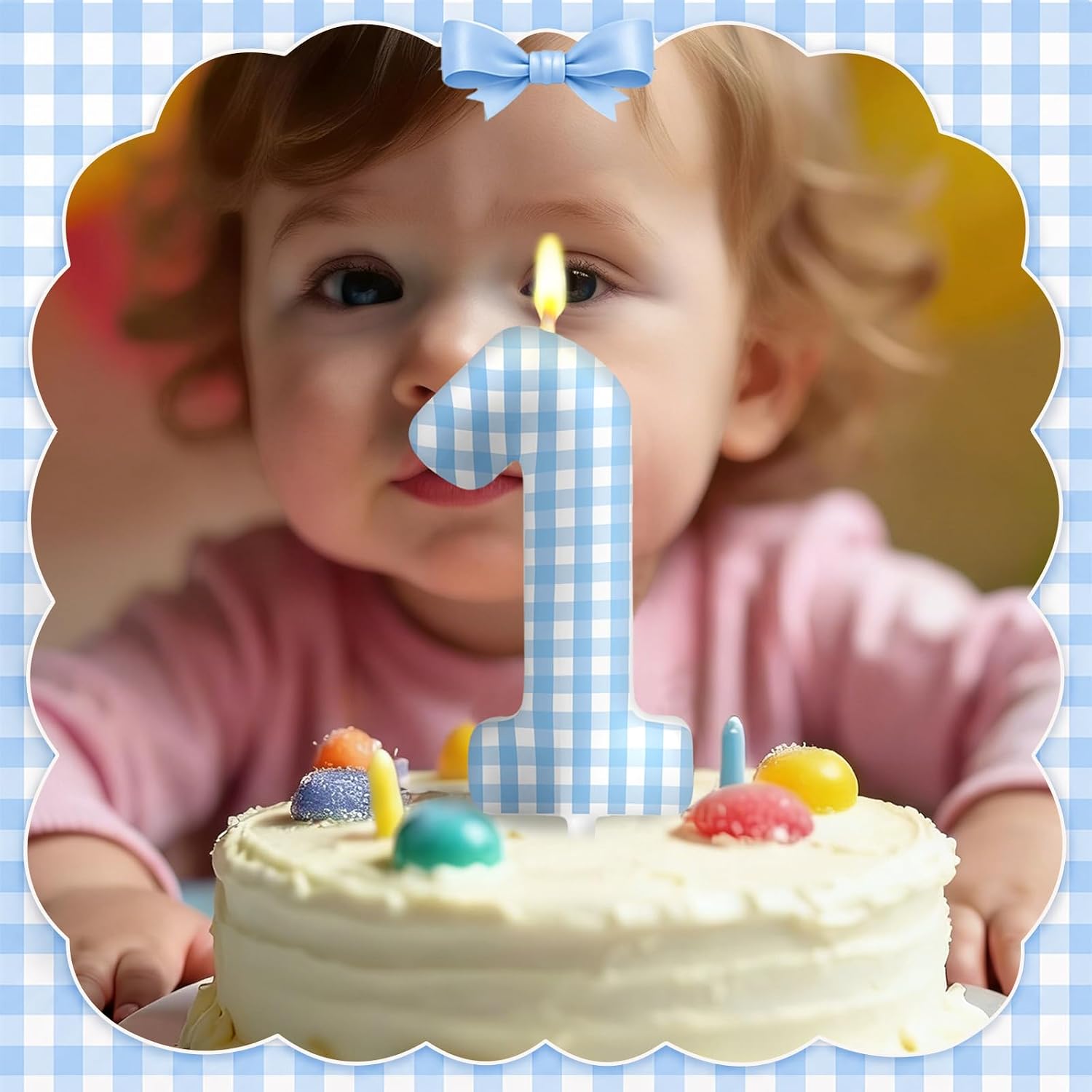 Conelist Blue Gingham 1 Candle Cake Topper Blue Gingham 1st Birthday Candle