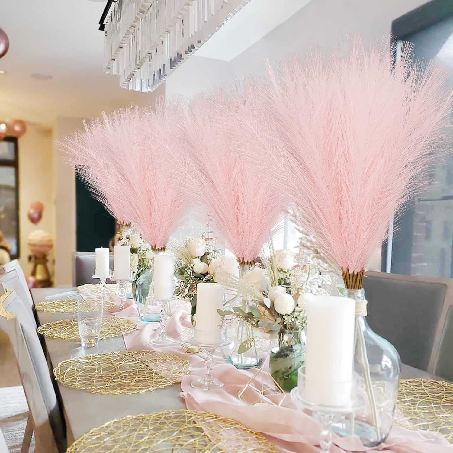obbsie 35" Pink Faux Pampas Grass Decor, 8pcs Large Tall Fluffy Artificial Pompous Grass Branches Floral Fake Pompas Grass Bulrush Floor Vase Filler Flower Arrangement for Home Wedding Boho Decor