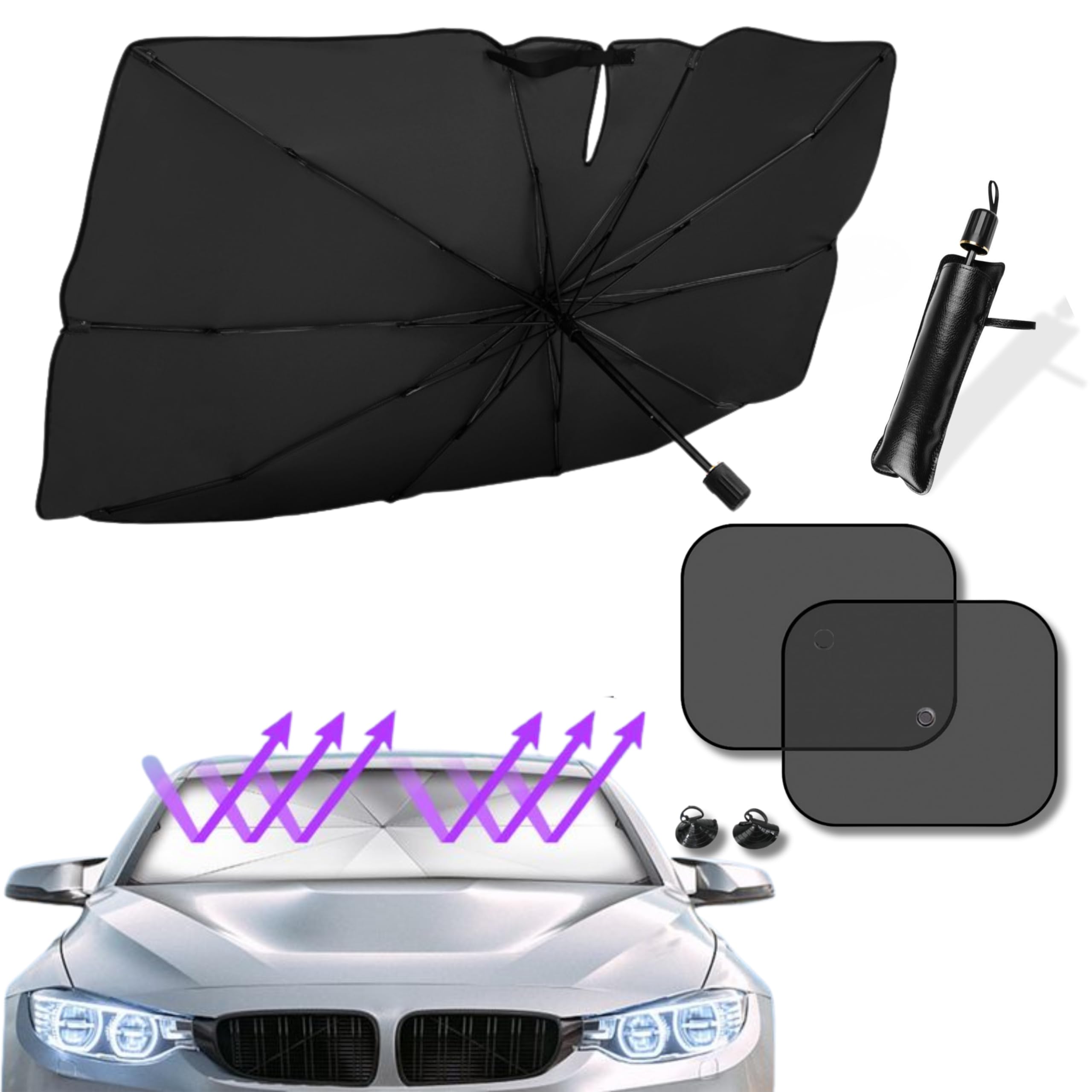Parasol Coche Delantero Plegable con 2 Parasoles Laterales de Malla - Parasol Paraguas UPF 50+ - Protección Total contra Rayos UV y Calor - Universal y Fácil de Usar