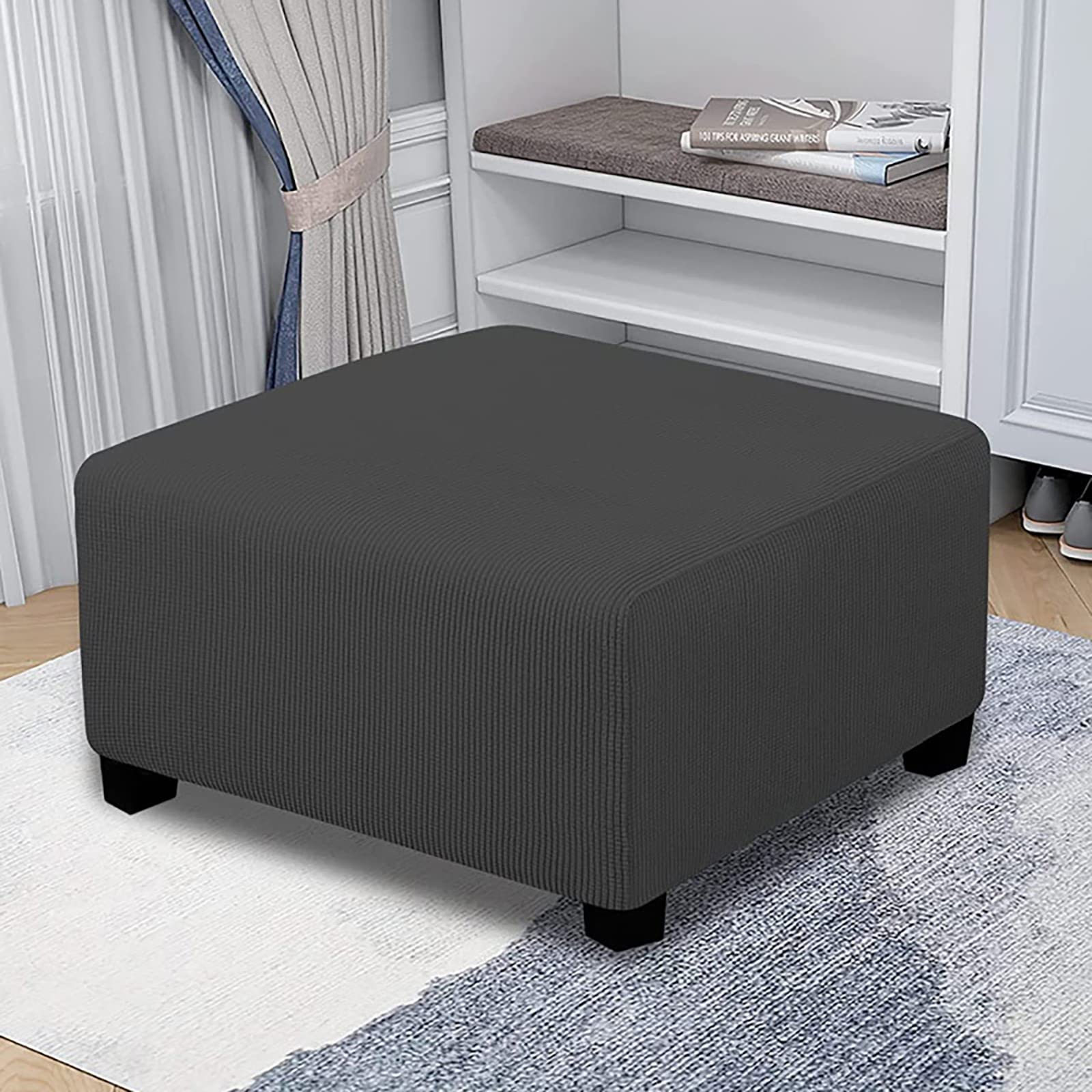 HJLRR Copertura quadrata per ottomana, caratteristica copertura protettiva per poggiapiedi in morbido tessuto jacquard elasticizzato, protezioni rimovibili antiscivolo per mobili, (Khaki)