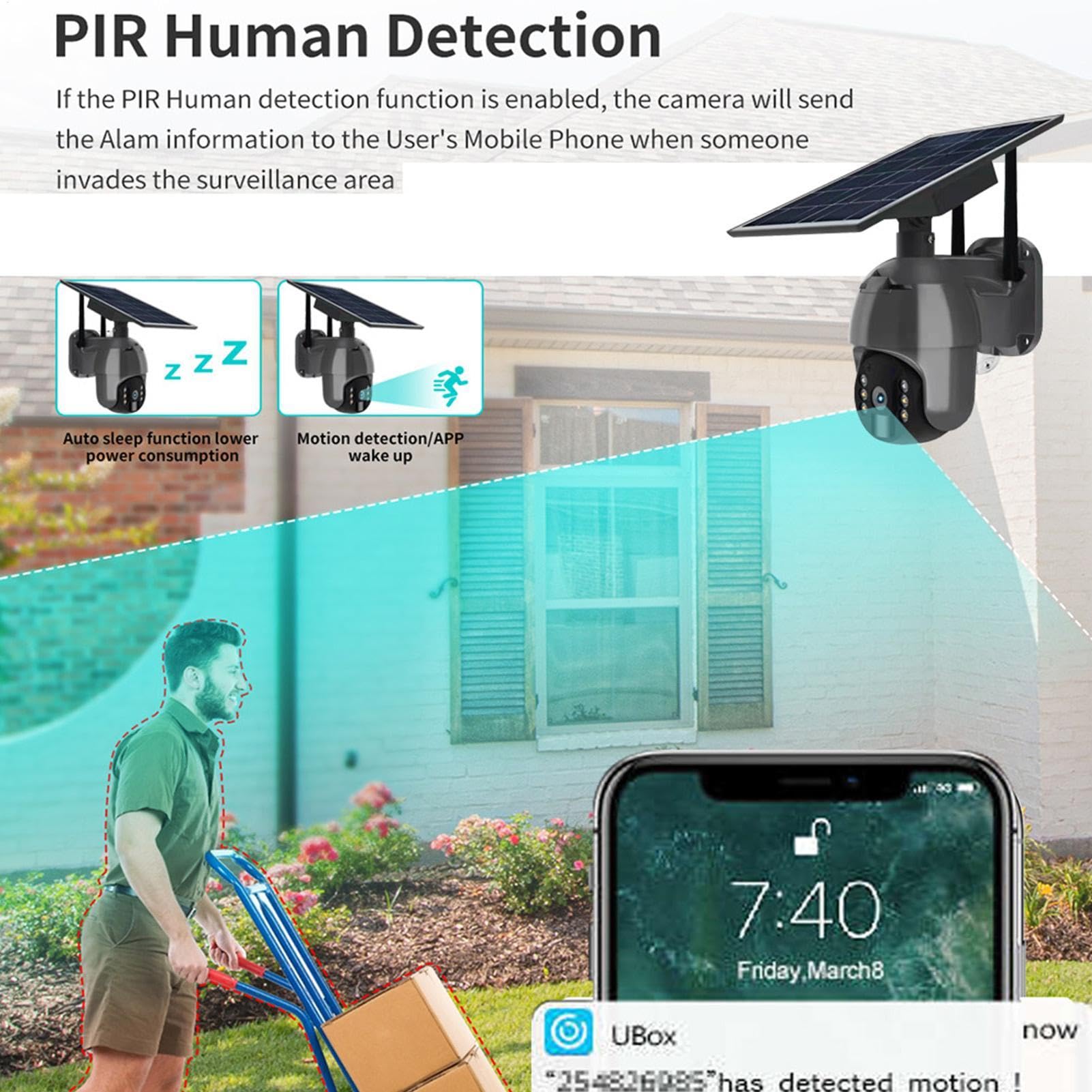 Cámara WiFi Solar, cámara de Seguridad Solar - Cámara de detección de Movimiento al Aire Libre WiFi 1080p - Pir Alarm 3 Millones de píxeles Audio de 2 vías Monitor de Garaje | Soporte de monitor de visión nocturna de 3 millones de píxeles a todo color Alm