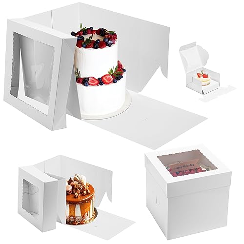 Miniatura 1 de 18 cajas para tartas de 10 x 10 x 8 pulgadas, 80 calcomanías y caja grande para tartas blancas con ventana, cajas de panadería altas cuadradas para