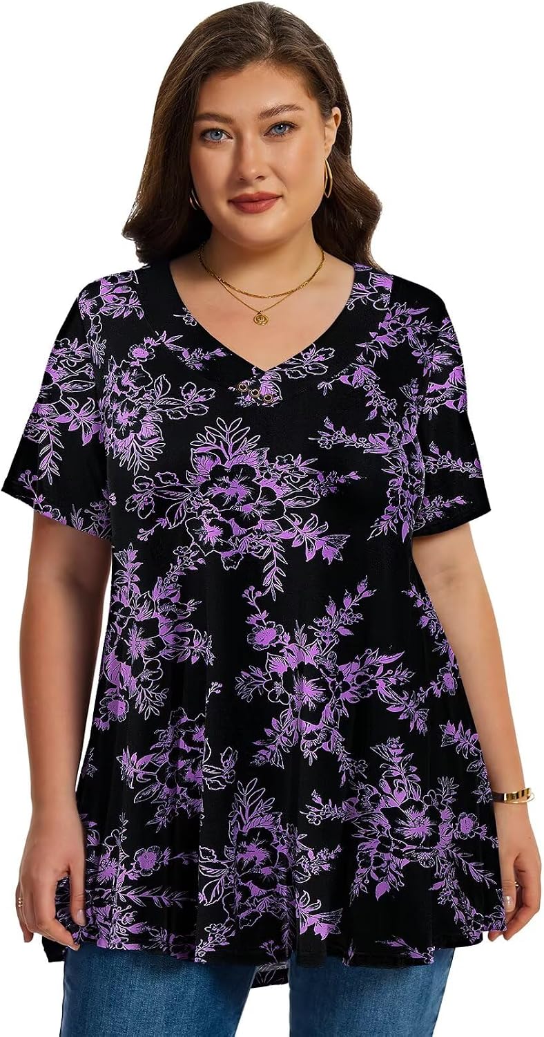 LARACE Plus Size Tops for Womens T Shirts Button Down Summer Clothes Short Sleeve Tunics Casual V Neck Blouses