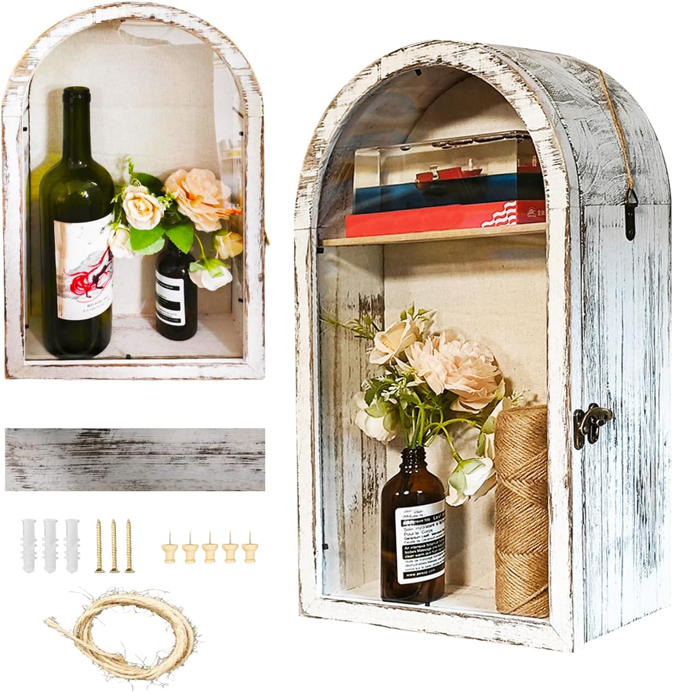 10x16 Large Shadow Boxes Display Cases Shadow Box Frame with Removable Shelves and Linen Back, Arch Shape Picture Frame Memory Box for pet memorials, Wedding, Medals, Military (Old White)