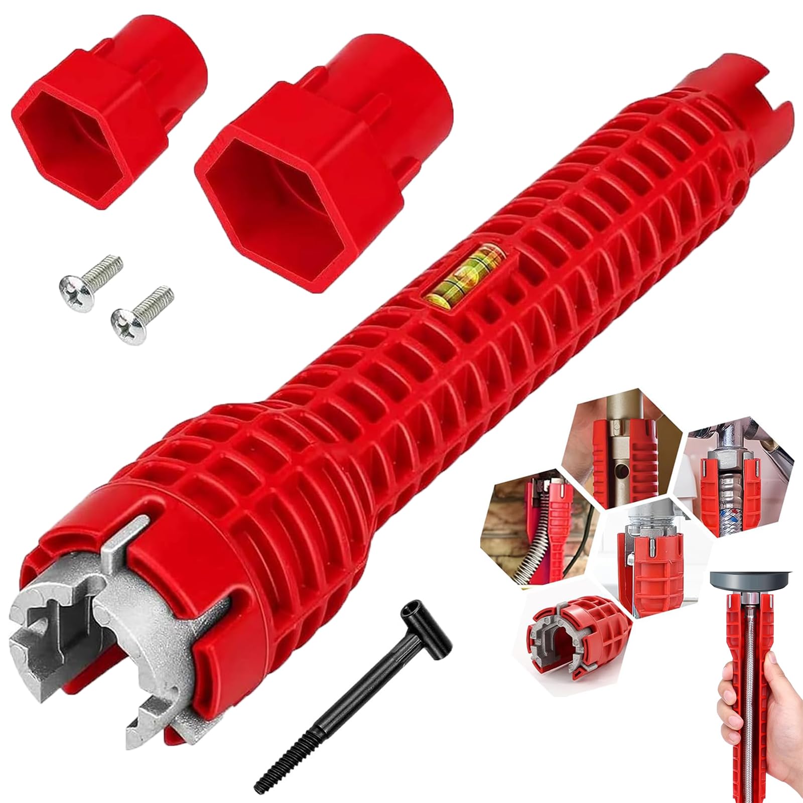 Llave para Grifos, Llave de Fregadero Antideslizante con Adaptadores, Herramienta Fontanería Multifunción para Fregadero con Carcasa de Plástico ABS Rojo, Para Inodoro, Baño