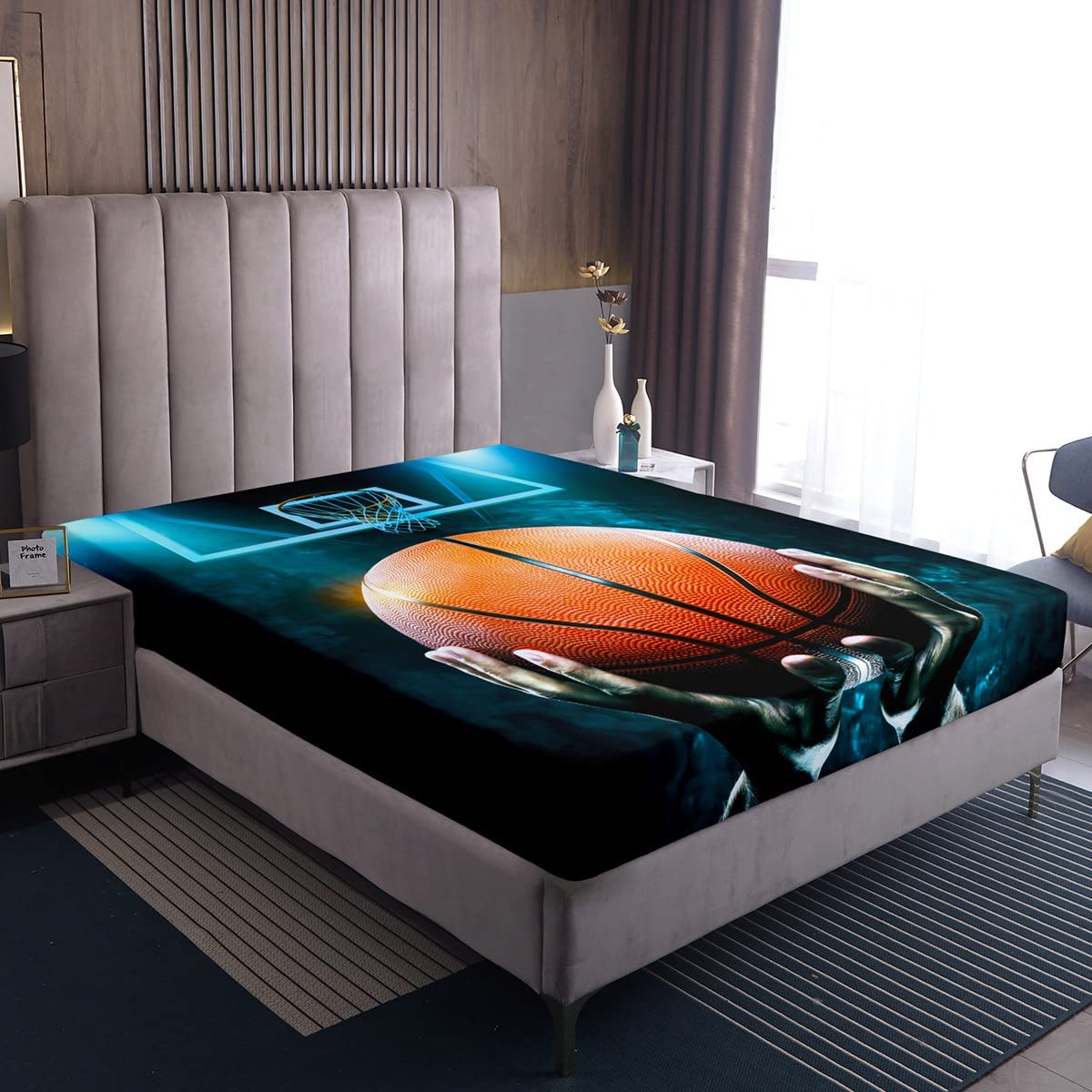 Loussiesd Junge Basketball Spannbetttuch 90x200cm Basketball Schuss Kinder Sports Thema Bettlaken Blau Orange Männer Schlafzimmer Dekor Spannbettlaken für Schlafzimmer Dekor 100% Mikrofaser