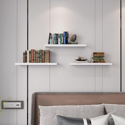 Miniatura 4 de SAUMONIERES Estantes flotantes de pared para dormitorio, baño, estante de madera maciza de 24 pulgadas, juego de 3, color blanco