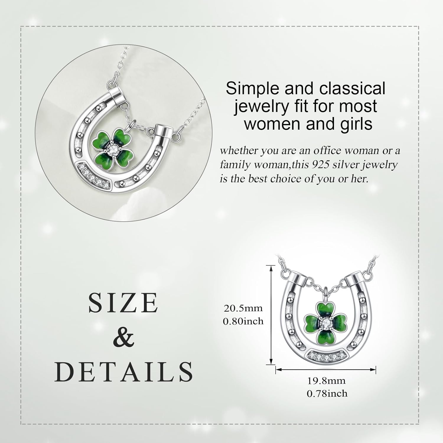 Horseshoe Necklace for Women 925 Sterling Silver Horse Lucky Clover Pendant Four Leaf Clover Jewelry Gift