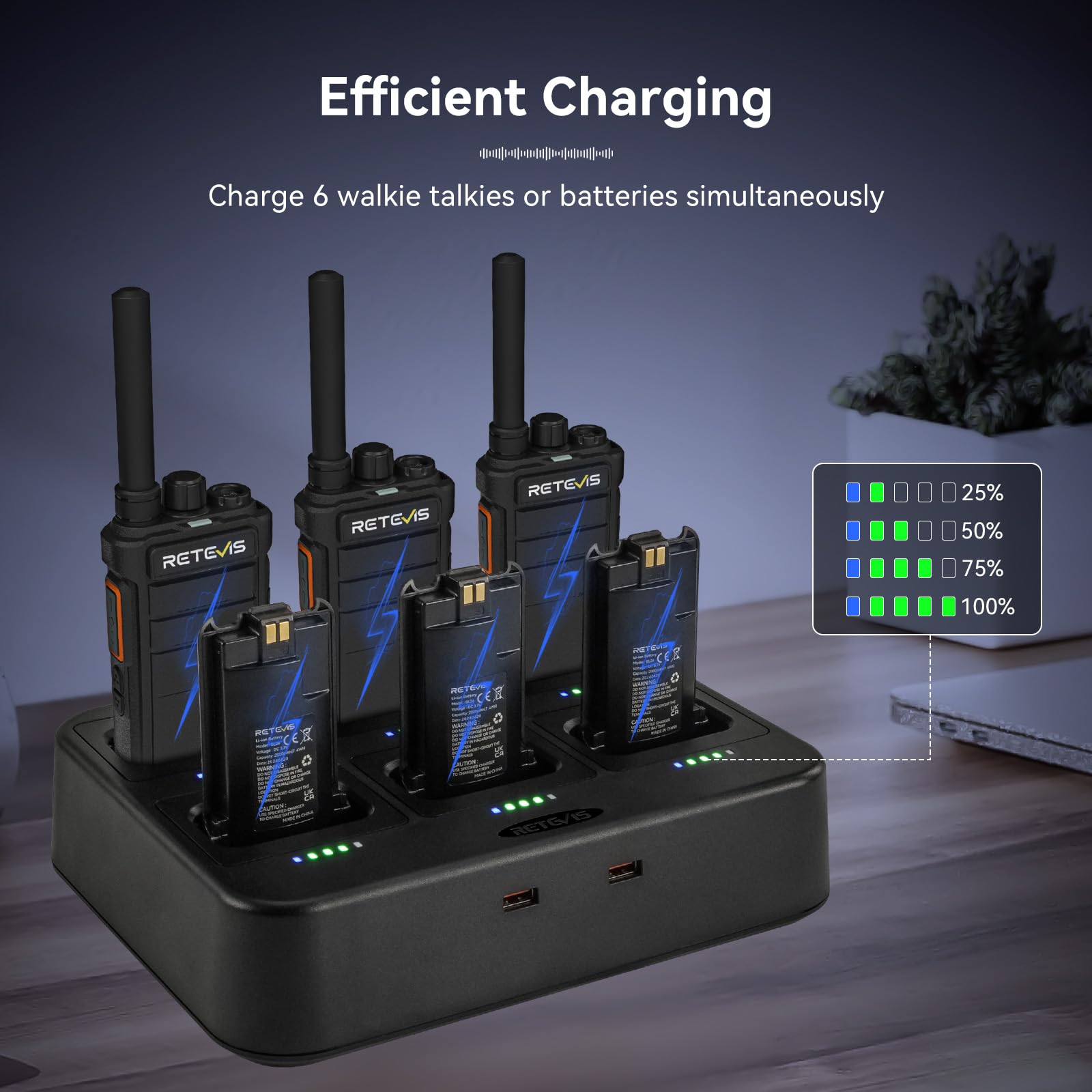 Retevis RB626H Walkie Talkie Lungo Raggio, Ricetrasmittenti Professionali Caricatore a 6 Vie 2000mAh, con Schermo, VOX, llarme di Emergenza Walkie Talkie Portatile per Sicurezza,Scuola(Nero,6 Pezzi)