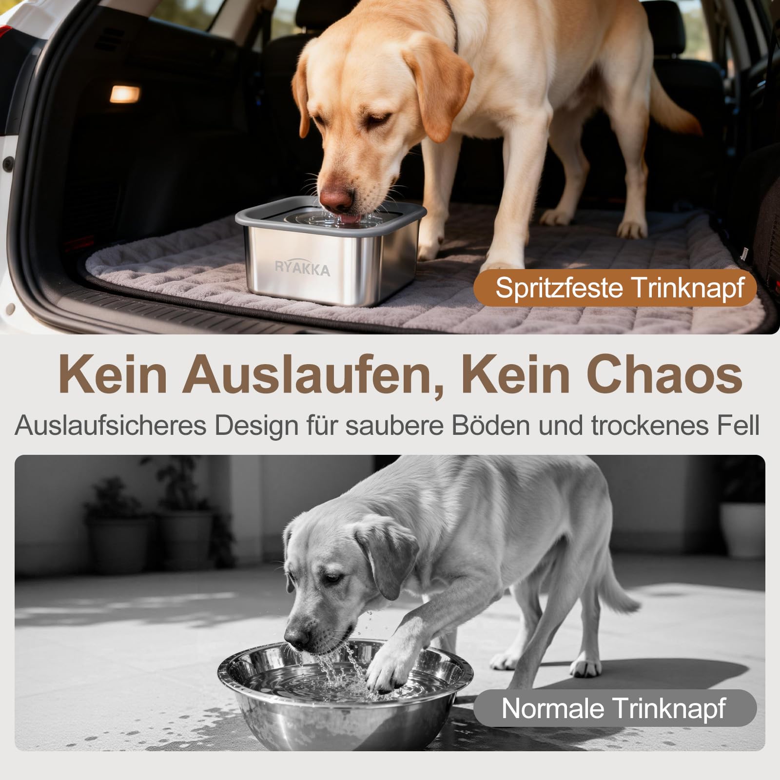 3L Wassernapf Hund Ohne Sabbern, 304-Edelstahl Trinknapf Hund Anti Schlabber mit Rutschfester Basis, Auslaufsicherer Hundenapf mit Silikonrand und Schwimmende Scheibe, Spülmaschinenfest