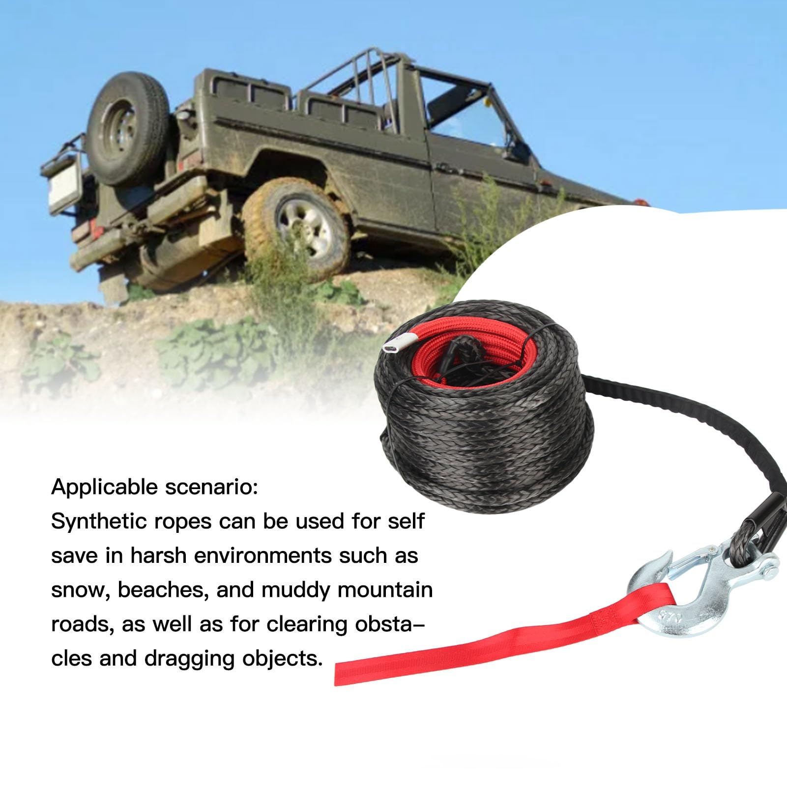 10mm X 30m Syntetyczny Zestaw Lin do Wciągarki Odporny na Zużycie Zestaw Kabla Holowniczego Ultra Bezpieczny Hak do Ciężarówek ATV UTV Self Rescue