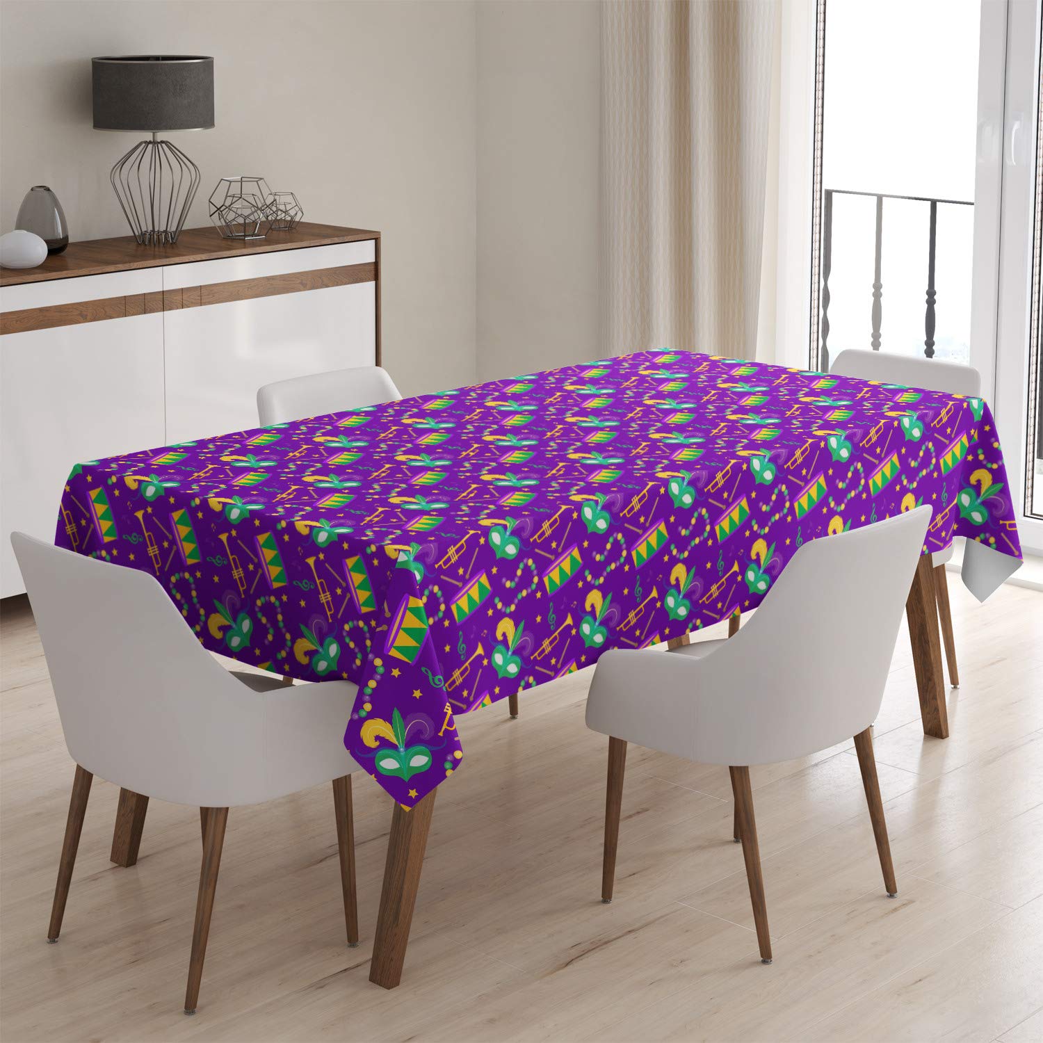 Q-Beans Prostokątny podłużny obrus dekoracyjny [Rozmiar: 152 x 229 cm), zmywalny i wielokrotnego użytku obrus do wewnątrz i na zewnątrz (karnawał Mardi Gras)