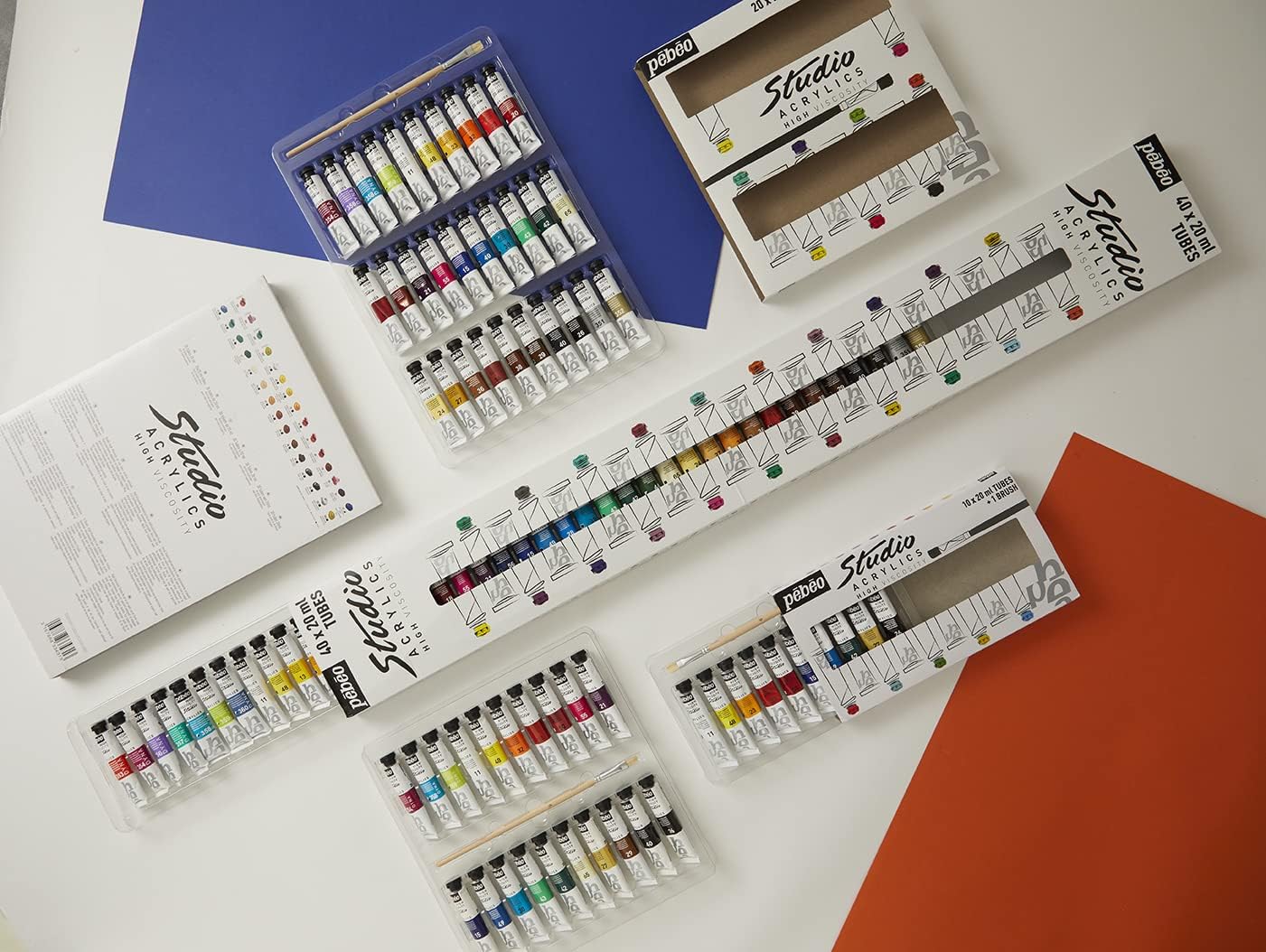 PEBEO Pébéo-Studio Acrylics Case 40 Tubes Assorted and Brush Kit Paint Acrylic-40, 28 Piece Set, Set of 40 x 20 ml, 27 Fl Oz