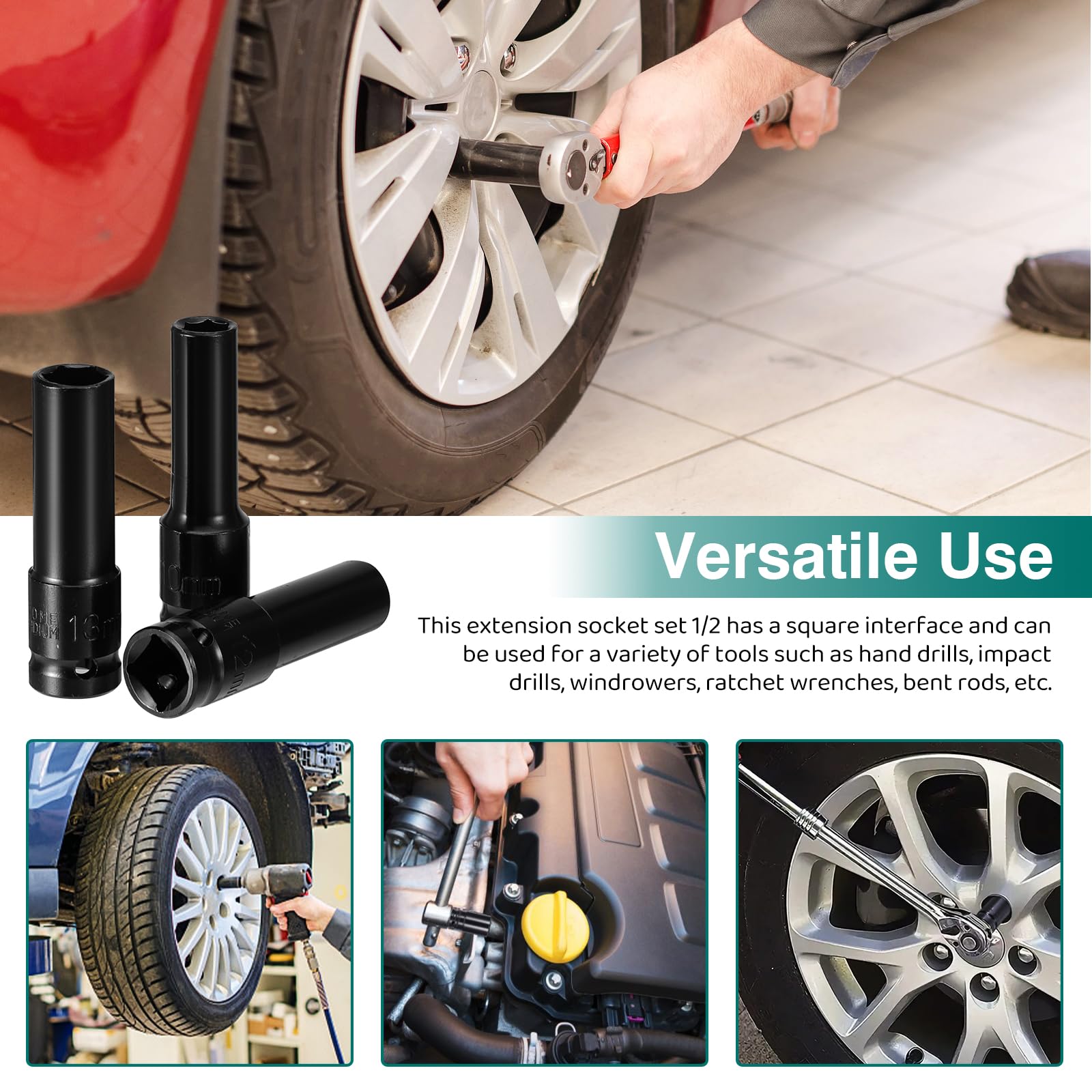 Gueenky 15 Piezas Llaves de Vaso Impacto 1/2'', 8-32 mm Vasos de Impacto Largos con Adaptadores de Llave de Vaso para Reparaciones de Coche y Cambio de Neumáticos