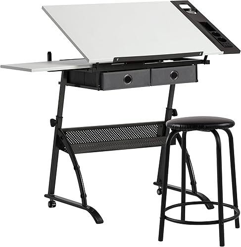 SD STUDIO DESIGNS Core - 2 cajones de tela ajustables en ángulo de ancho, estante lateral y taburete, mesa de dibujo, gris plomizoblanco