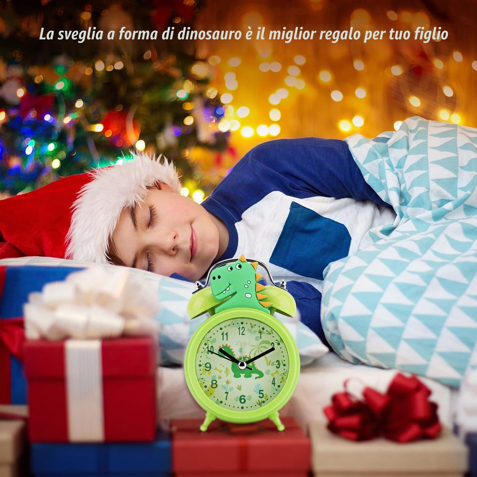 TCJJ Sveglia con dinosauro per ragazzi, senza ticchettio, sveglia verde per bambini e ragazzi, classica sveglia a doppia campana forte, retroilluminata, adatta per regali scolastici