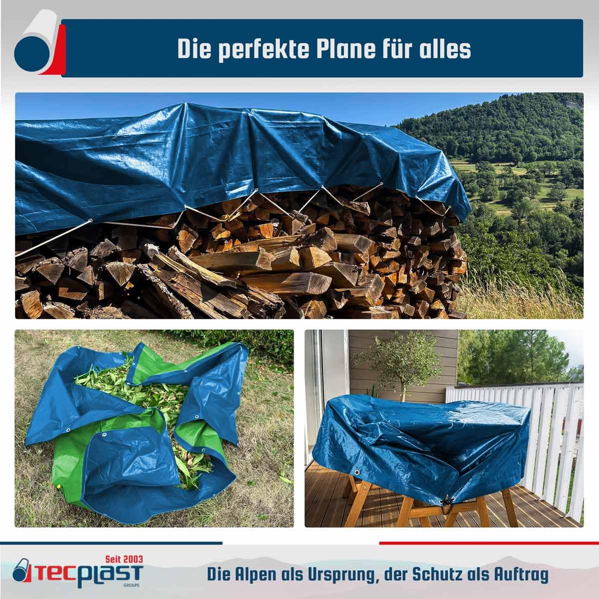 Schutzplane 5x8 m - TECPLAST - SR150MU - Blau und Grün - Hochwertige Qualität - wasserdichte Outdoor-Plane mit Ösen