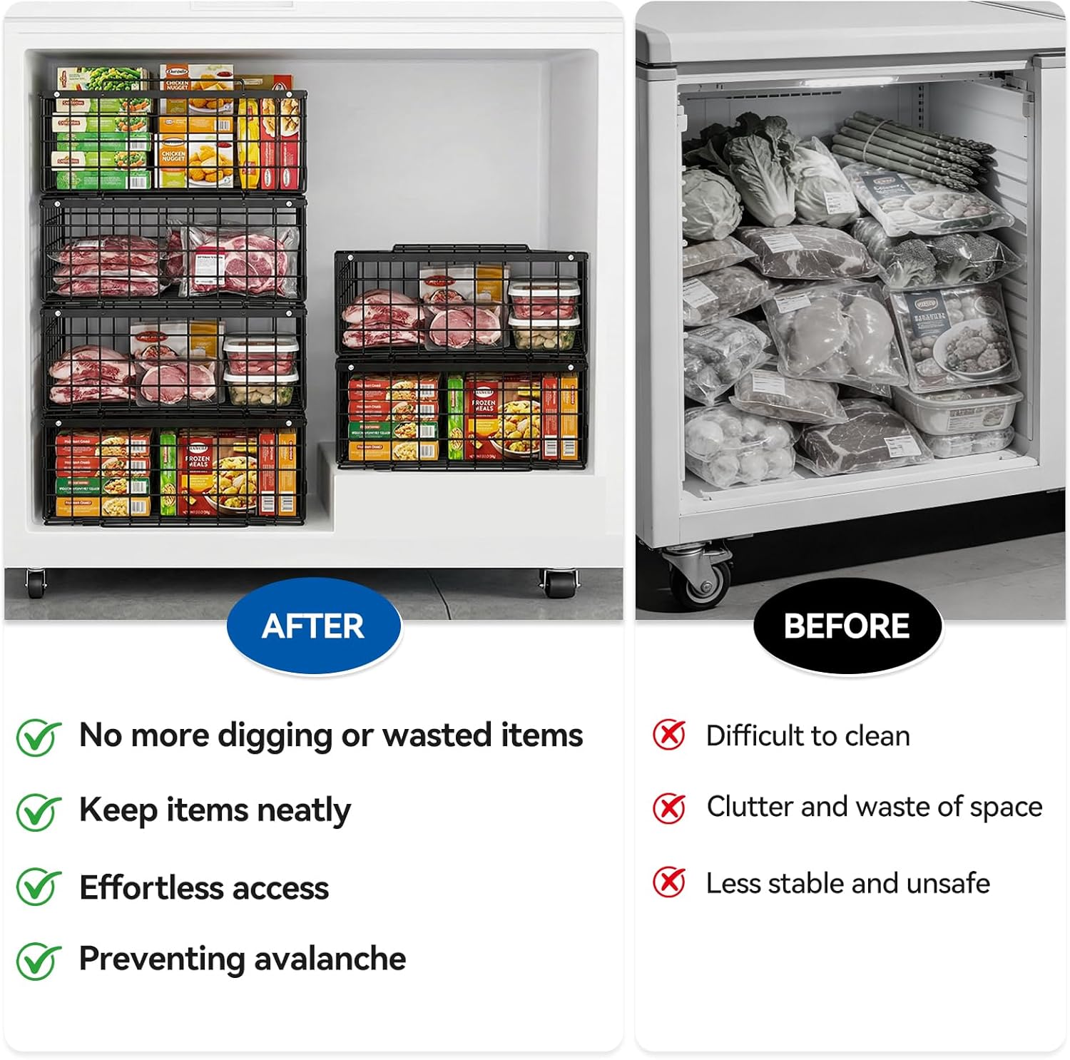 Reinforced Freezer Organizer Bins, 2 Pack Large Stackable Upright Chest Deep Freezer Storage Containers, Thickened Black Wire Foldable Baskets with Handles, More Space, Easy Access - Image 5