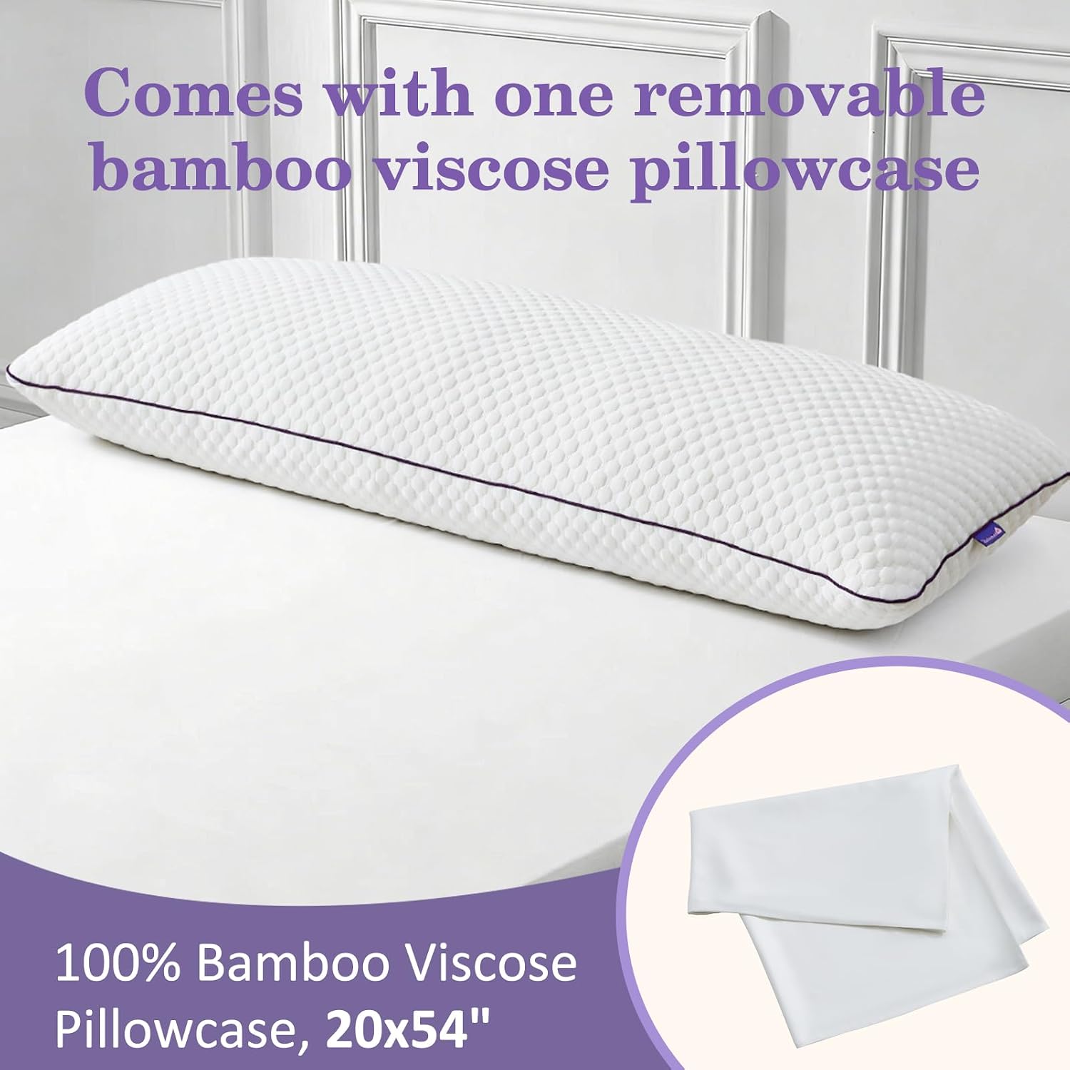 HOMELAB Cooling Adjustable Body Pillow (20x54) with White Bamboo Viscose Pillowcase Bundle, Full Body Support for Side Sleepers, Back, Hip & Knee Comfort, Shredded Memory Foam & Washable Cover