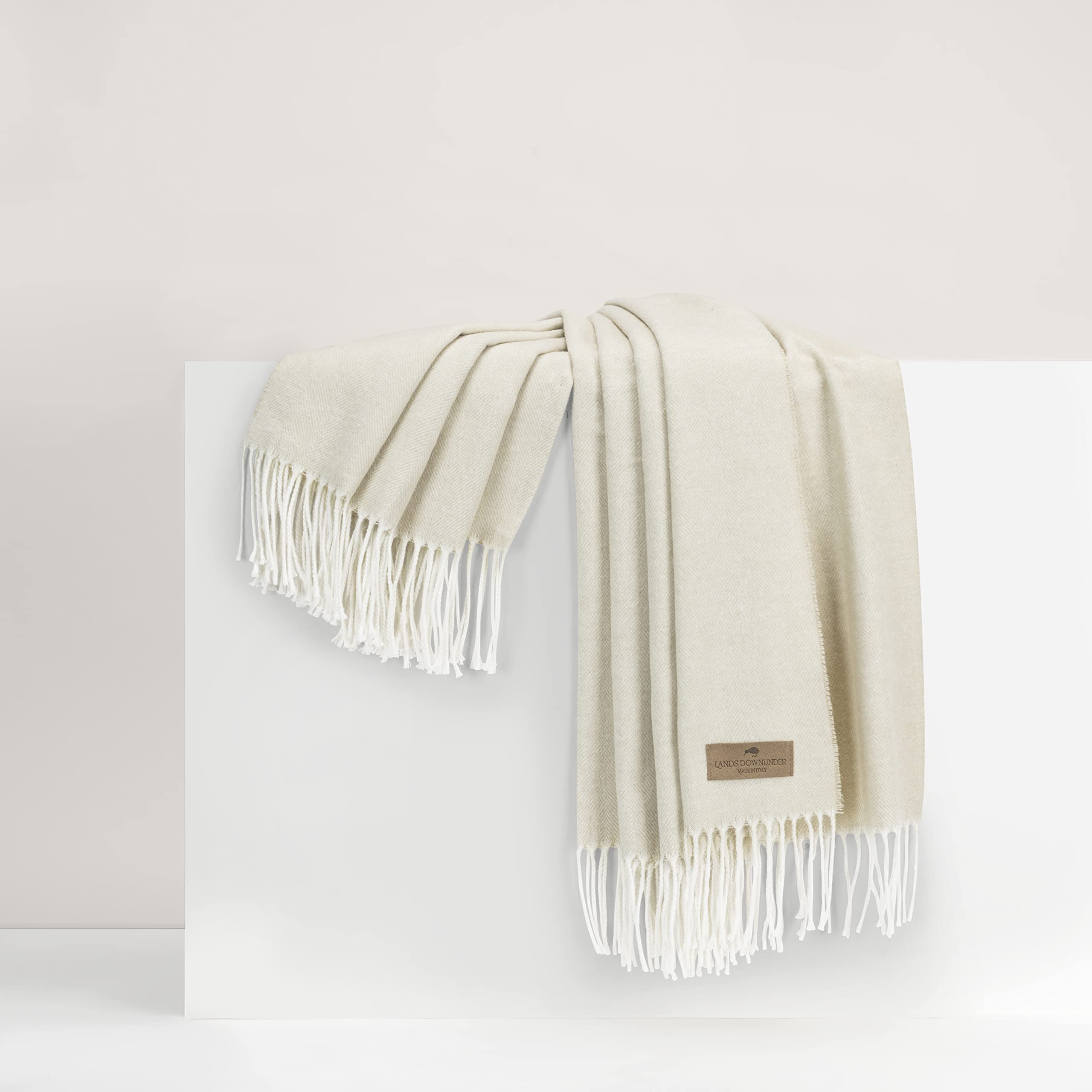 Lands Downunder Cotton Throw Blanket – Birch Italian Woven Herringbone Throw Blanket with Fringe – Luxury Decorative Throw for Couch or Bed – Made in