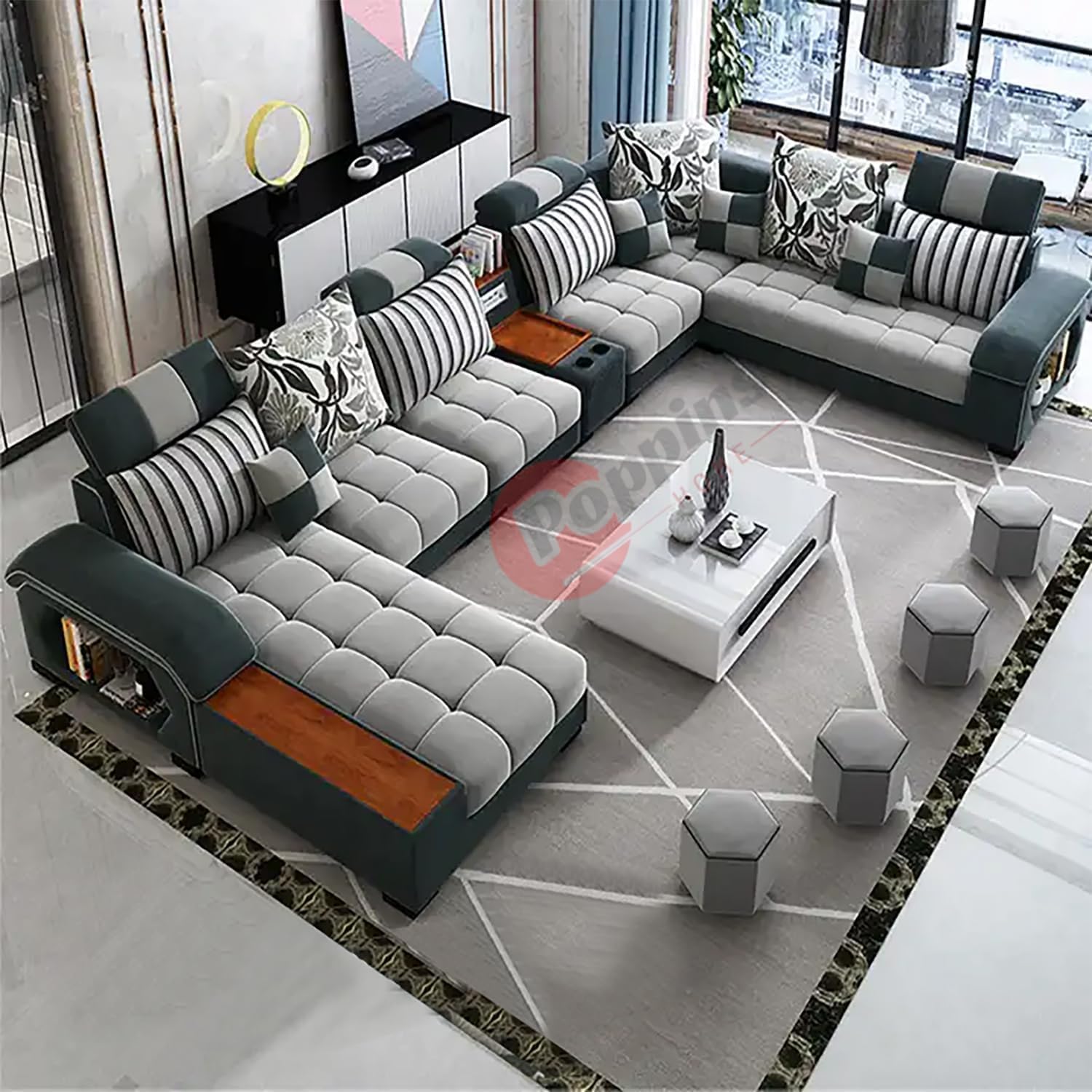 Poppins HOME Sofa set furniture new L shape modern simple furniture set design large sofa sectional combination sofa (Green)
